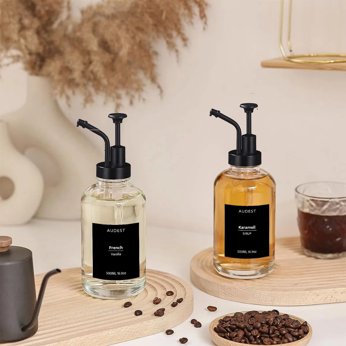 Set di dispenser in vetro per sciroppo di caffè, con 43 adesivi, imbuto, 500 ml (2, Nero, rotondo, 500 millilitri)