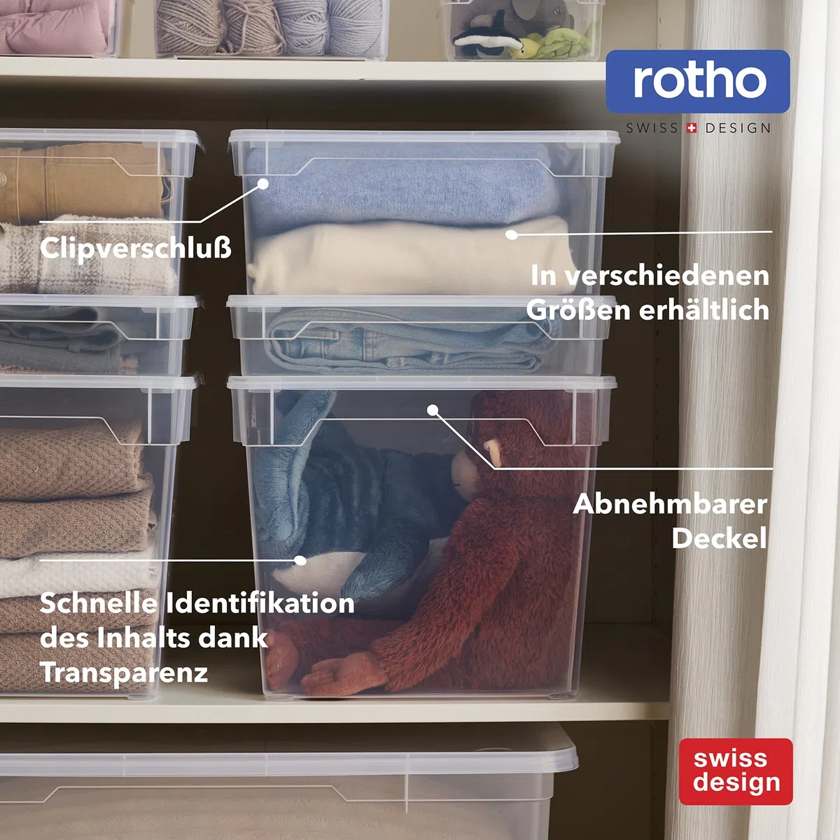 Rotho CLEAR Box Set 6 pezzi contenitori 10 L con coperchio, impilabili, 36×26×14 cm, trasparente blu