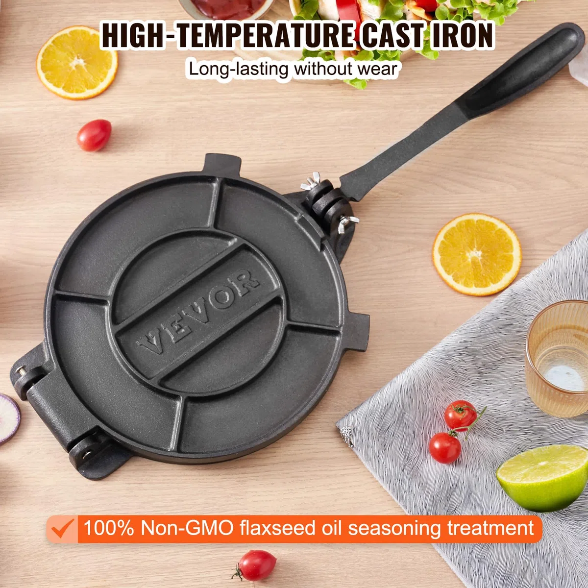 VEVOR Pressa Manuale per Tortilla, Pressa per Taco Diametro 20 cm, Pressa per Tortilla Piadine in Ghisa, Pressa Manuale per Tortilla con 100 Pezzi di Carta da Forno, Macchina per Impasto di Tortilla