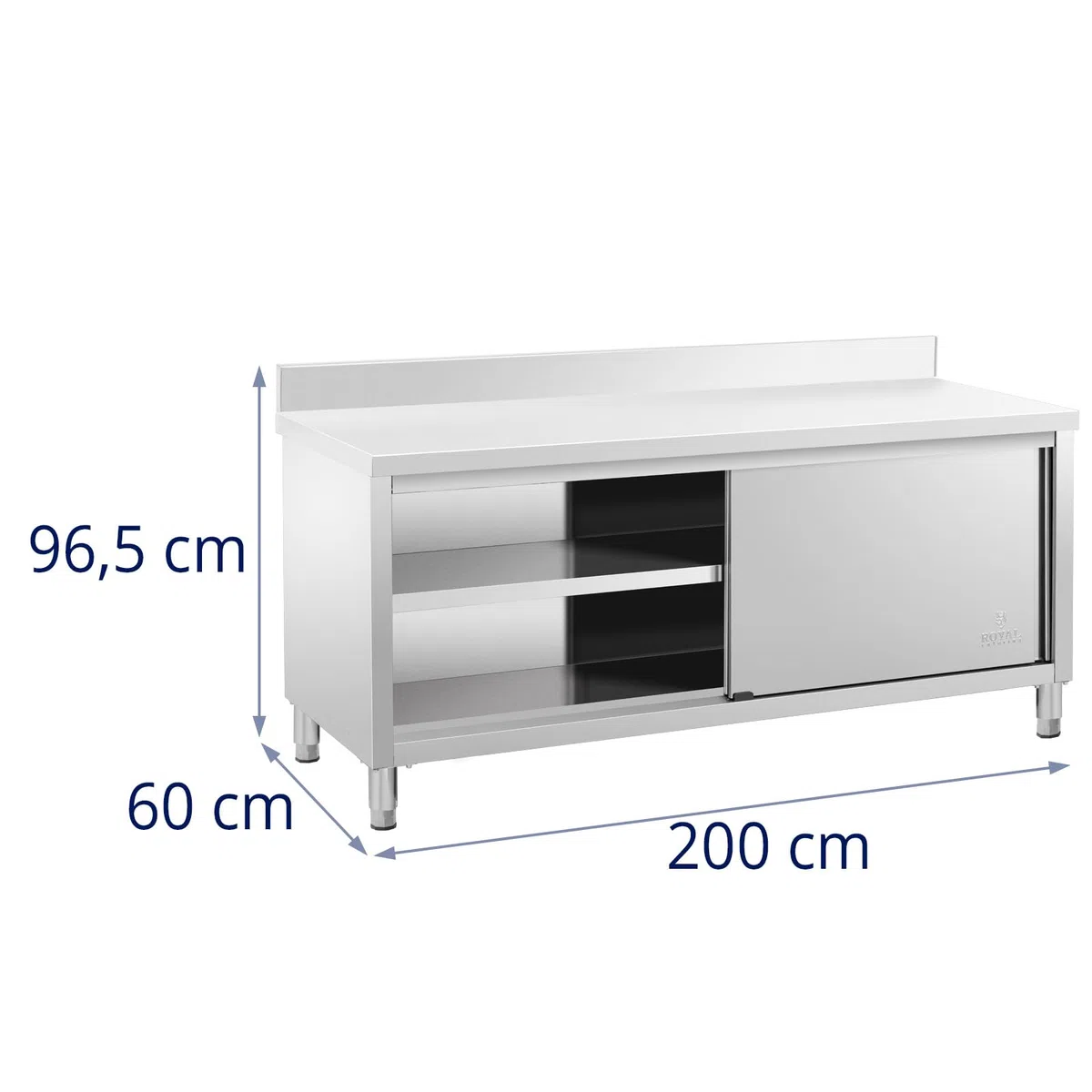 Royal Catering Tavolo Armadiato Acciaio Inox Con Alzatina Banco Da Cucina Porte Scorrevoli RCSSCB-200X60-E-B (200 x 60 cm, 600 kg)