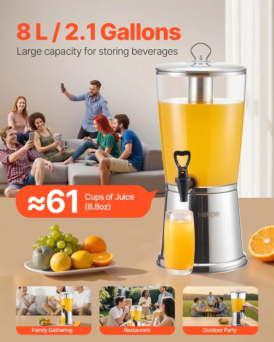 VEVOR Distributore di Bevande, 8 L per Feste, Contenitore di Succhi in Acciaio Inox e Plastica con Rubinetto per Camera del Ghiaccio, Distributore di Tè, Limonata, Succo d'Acqua, per Ristoranti