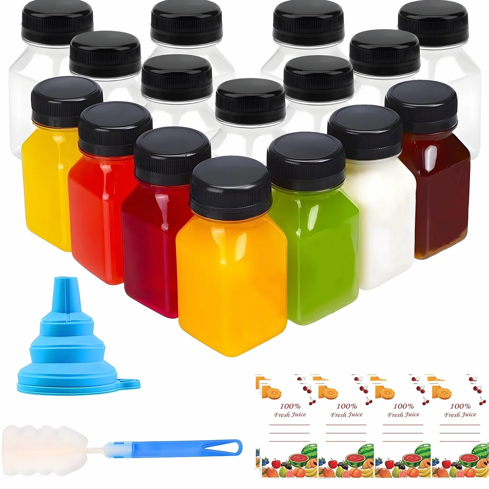 16 Pezzi 4oz/120ml Bottiglie di Succo in Plastica con Coperchio Bottiglie Vuote Riutilizzabili con Etichette Imbuto e Pennello Bottiglie di Bevande per Succhi Latte Frullati