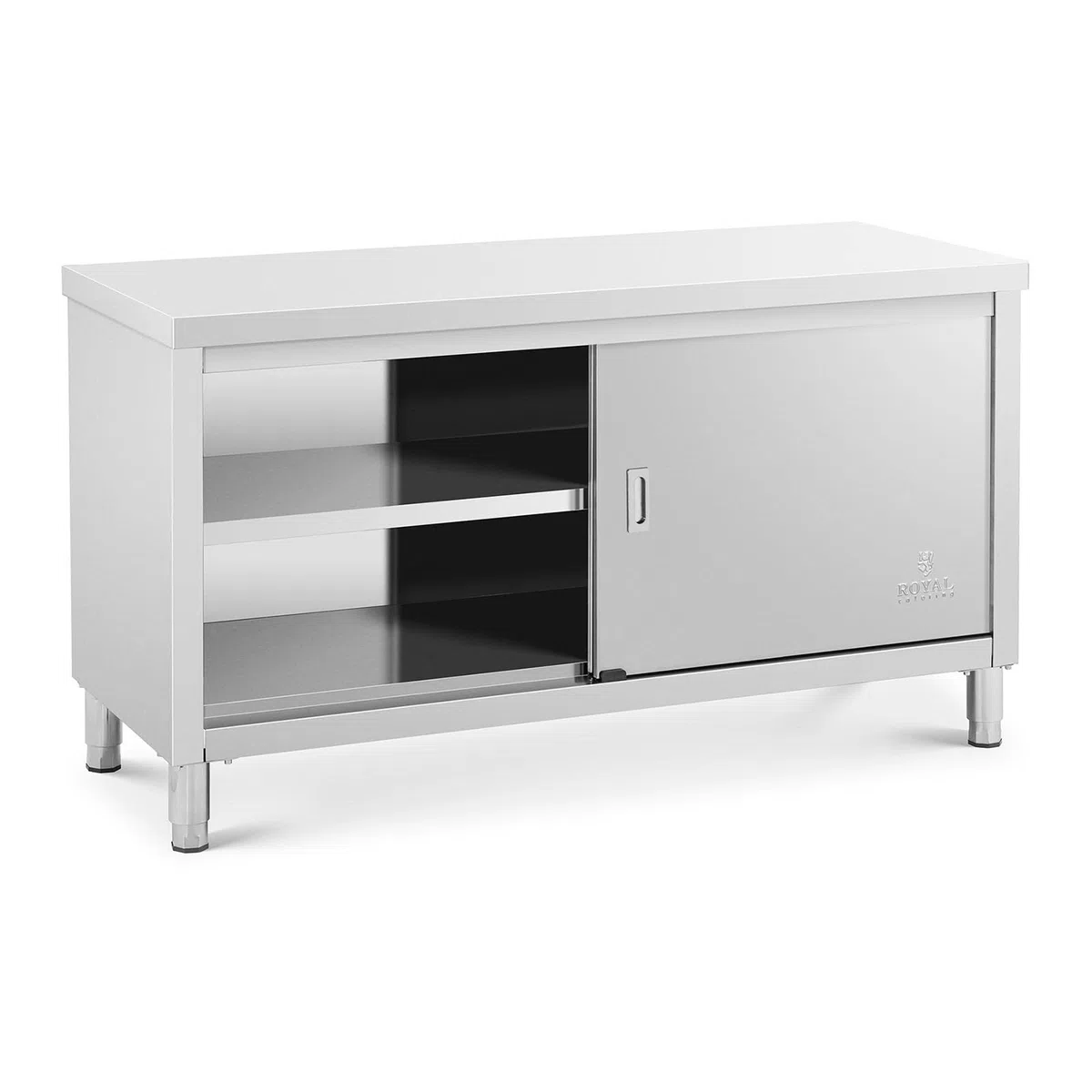 Royal Catering Tavolo Armadiato Acciaio Inox Banco Da Cucina Porte Scorrevoli RCSSCB-150x60-E (150 x 60 x 85 cm, 600 kg)