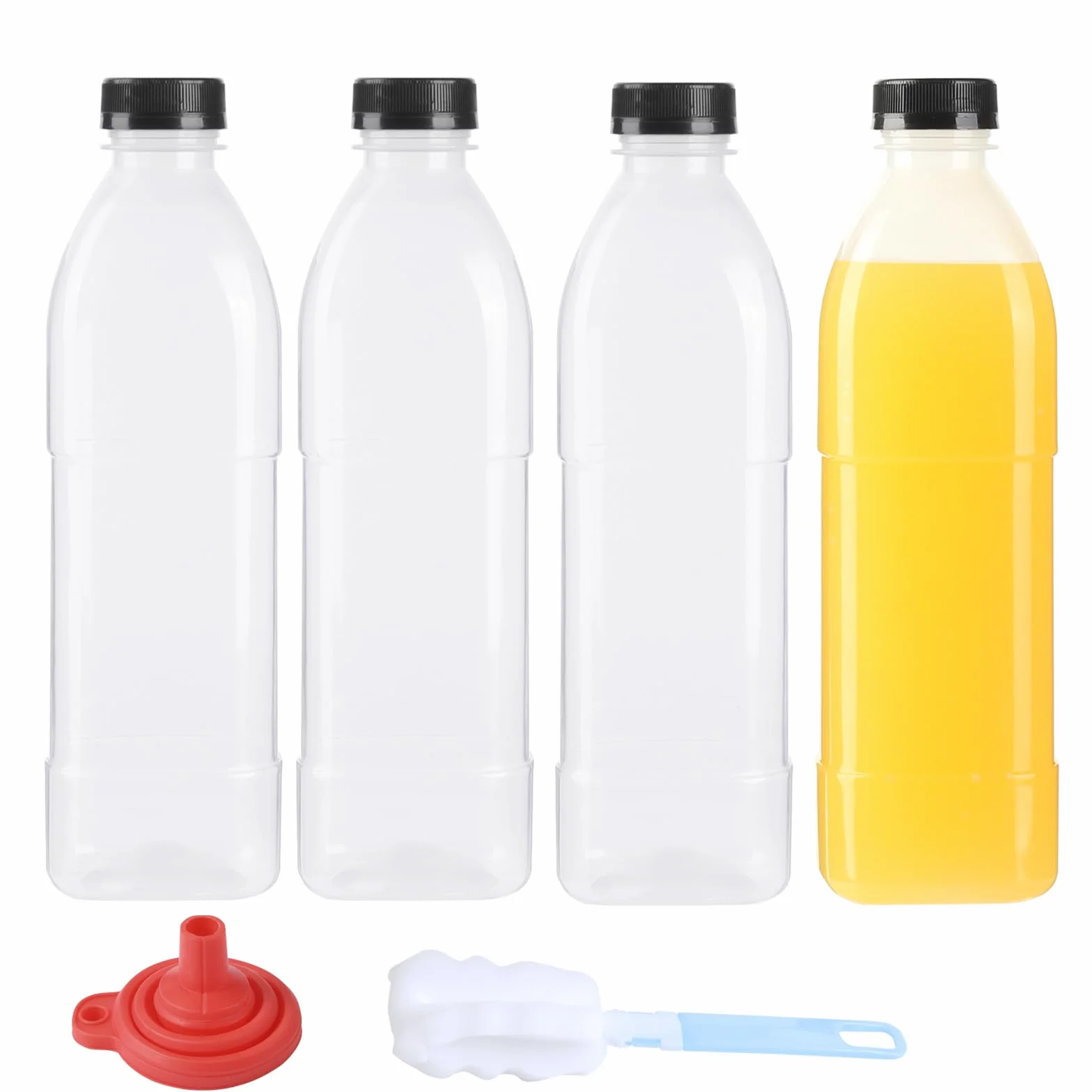 Confezione da 4 bottiglie in plastica per succhi di frutta da 1000 ml con coperchi (lavabili in lavastoviglie), bottiglia riutilizzabile in PP resistente al calore, bottiglia vuota in plastica