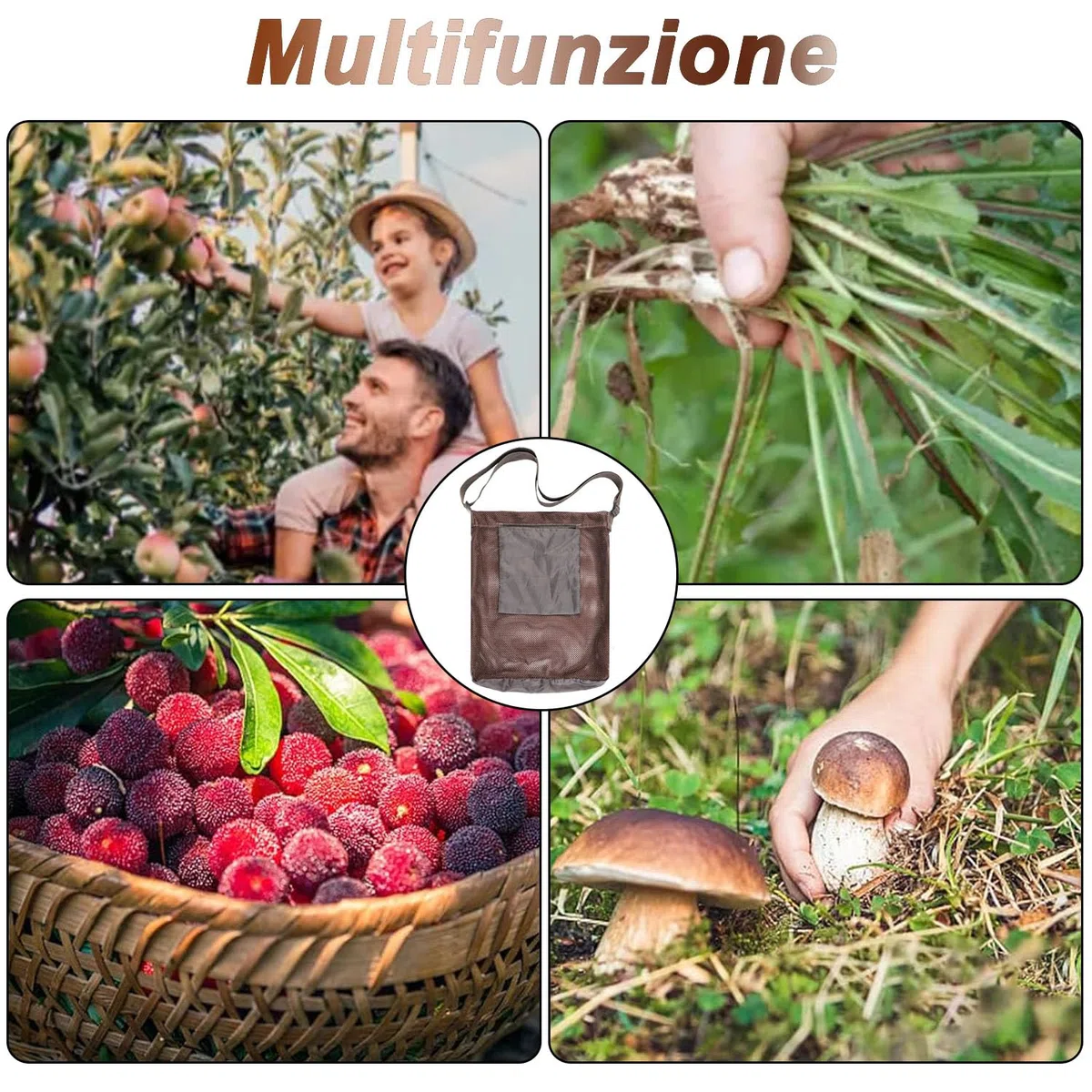 WADY Borsa per la Caccia ai Funghi e Raccolta della Frutta con Custodia Reticulata di Grande Capacità e Tracolla Regolabile