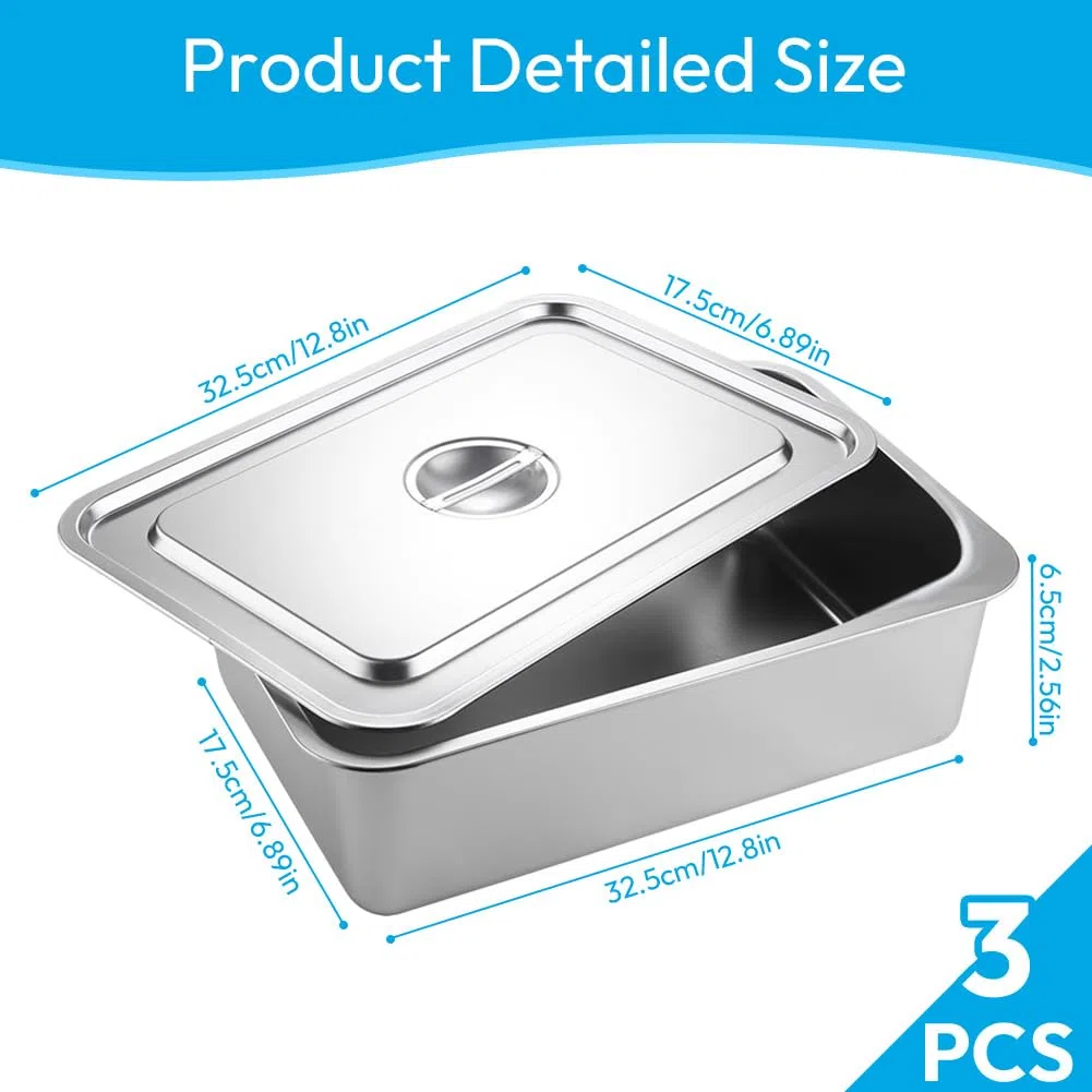 Set di 3 ciotole GN 1/3 in acciaio inox con coperchio, 32,5 x 17,5 x 6,5 cm, per alimenti caldi e freddi, padella buffet catering, facile da pulire