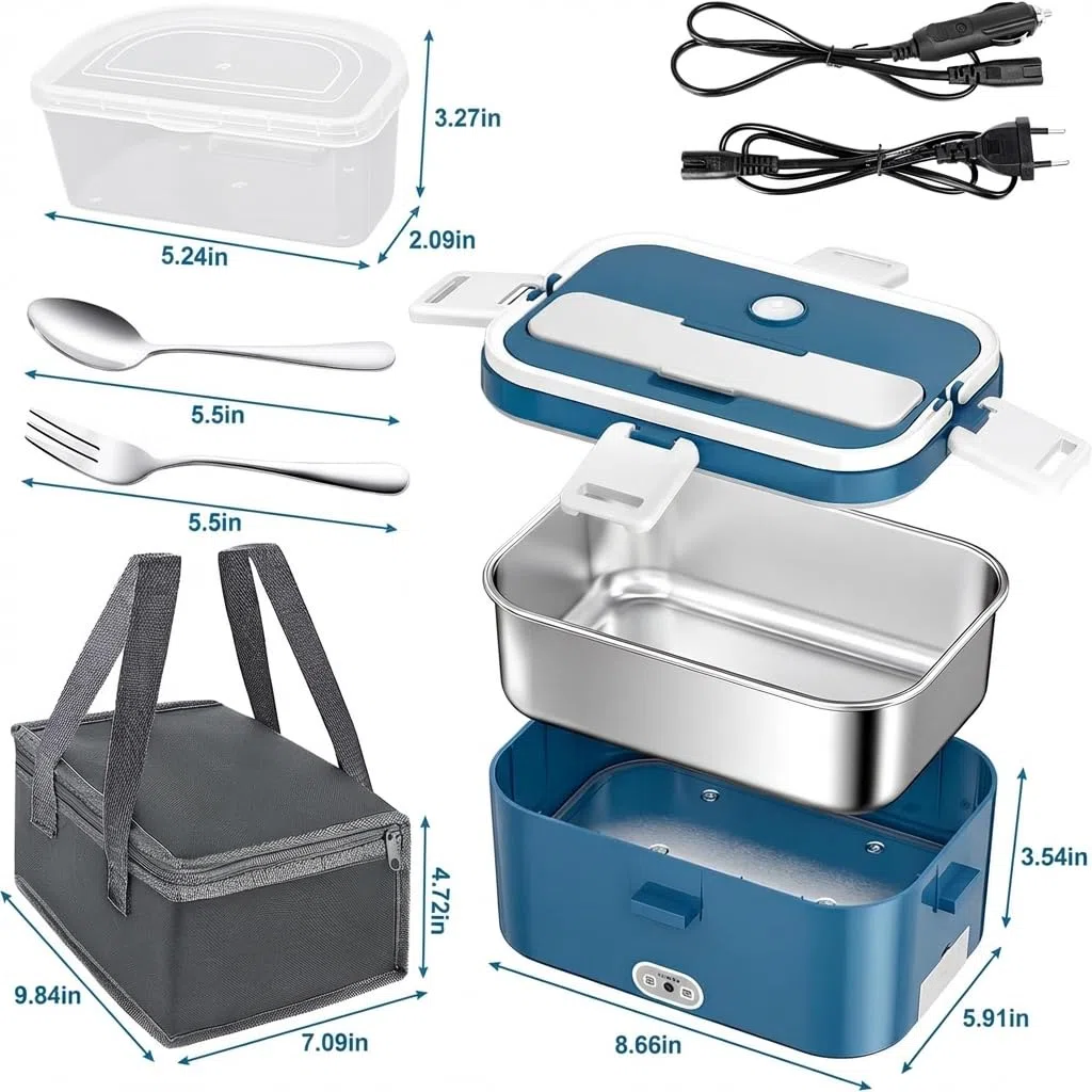 Anykuu Scaldavivande Elettrico Portatile 1.8L 100W, Porta Pranzo Termico 3 in 1(12V/24V/240V), Lunch Box Riscaldabile con Contenitore in Acciaio Inox Rimovibile e Borsa per Auto Camion Ufficio