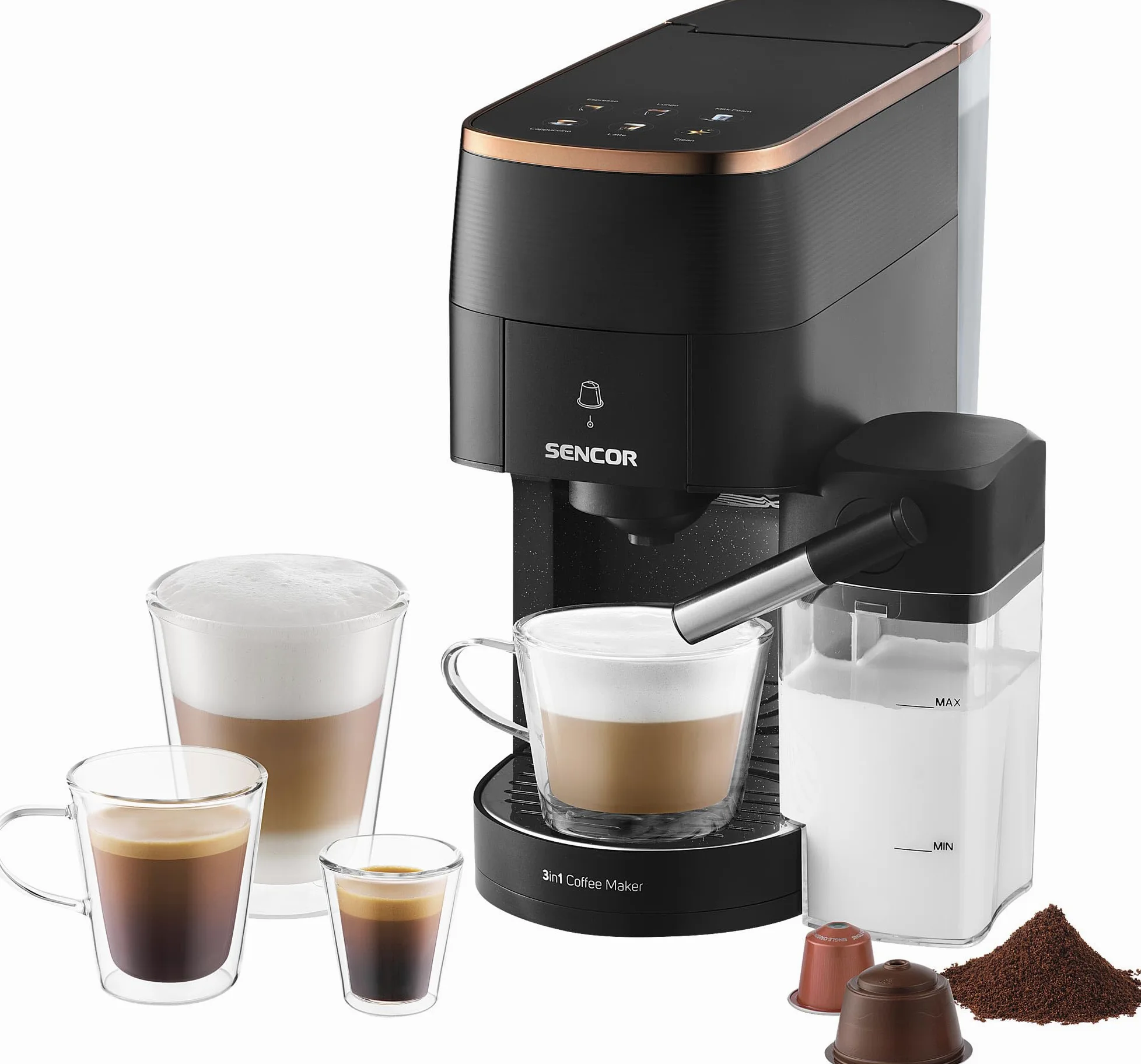 Sencor SCC 3000BK Macchina da Caffè 3 in 1, Multi-Capsula, 19 Bar, Display LED Touch, 1450W, Nero