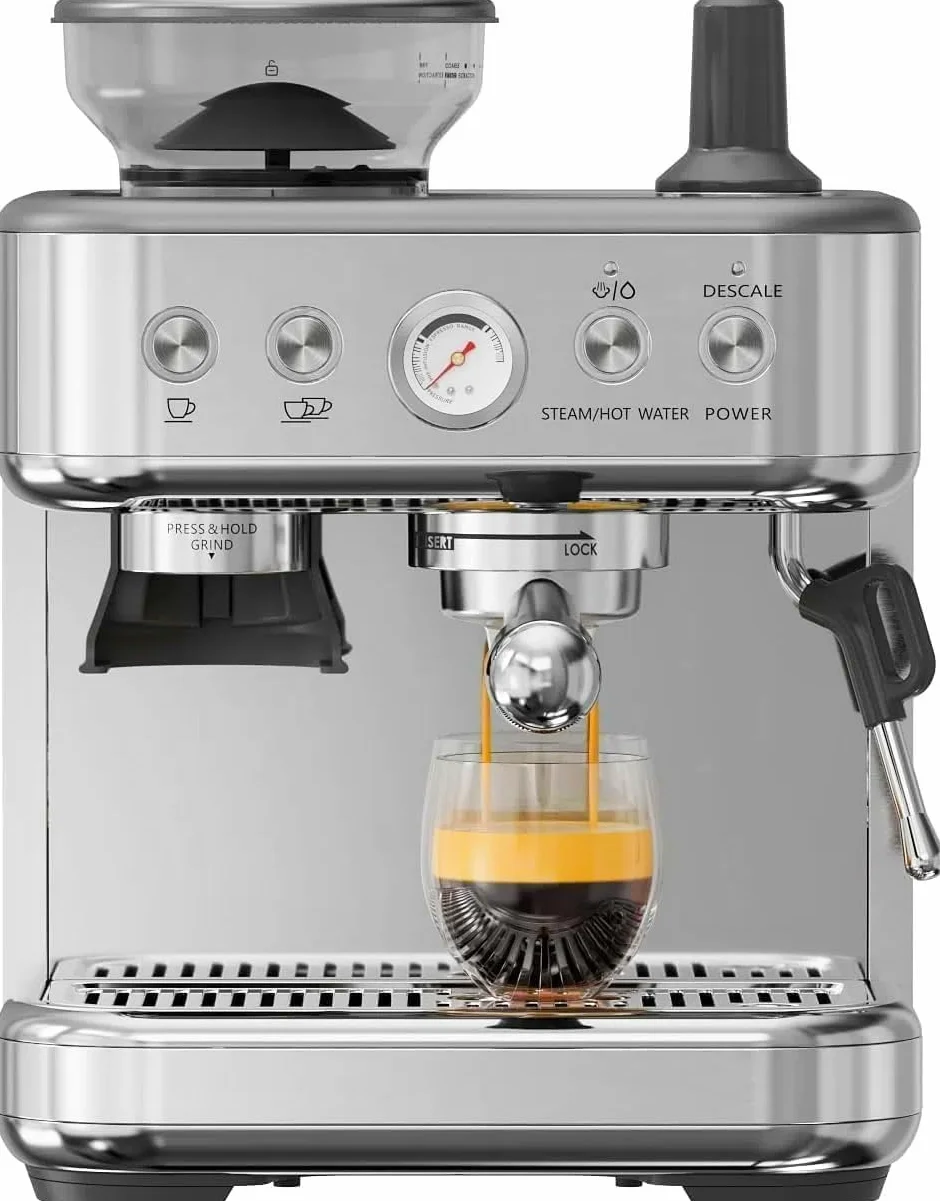 Macchina per Espresso Macchina del Caffè con Macinacaffè Integrato Portafiltro 8 Livelli di Macinazione 15 Bar Pressione Pompa 3 Livelli di Temperatura Bolla di Latte Acciaio Inox Nero