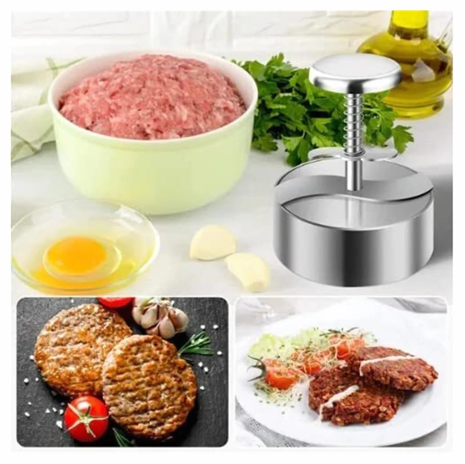 Pressa manuale per carne, pressa per slider, per tortini di hamburger con 100 pezzi di carta per tortini di hamburger - Stampi regolabili per tortini di hamburger, in acciaio inossidabile antiaderente
