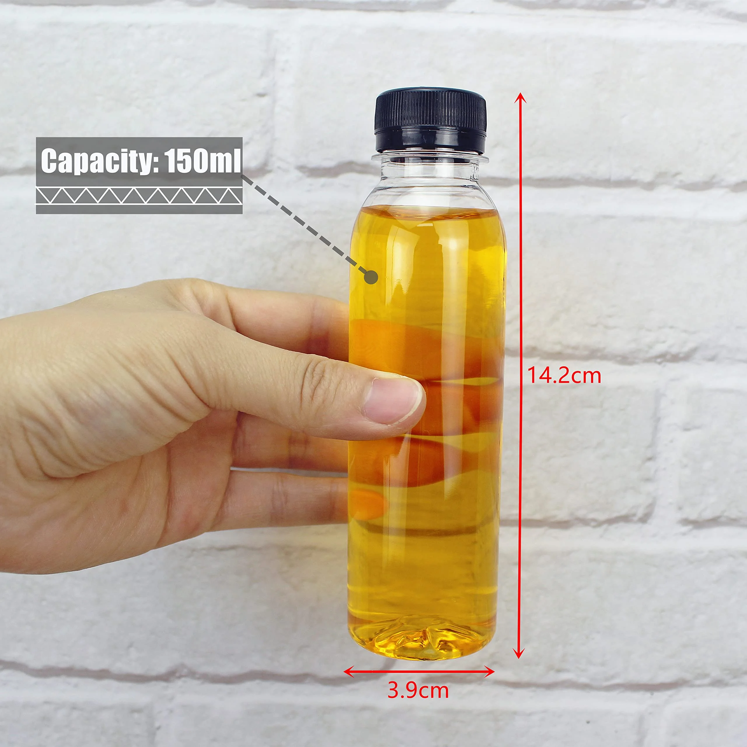 Confezione da 16 bottiglie trasparenti di succo, 150 ml, riutilizzabili, vuote, con coperchio, per succhi di latte, acqua e altre bevande, colore: nero