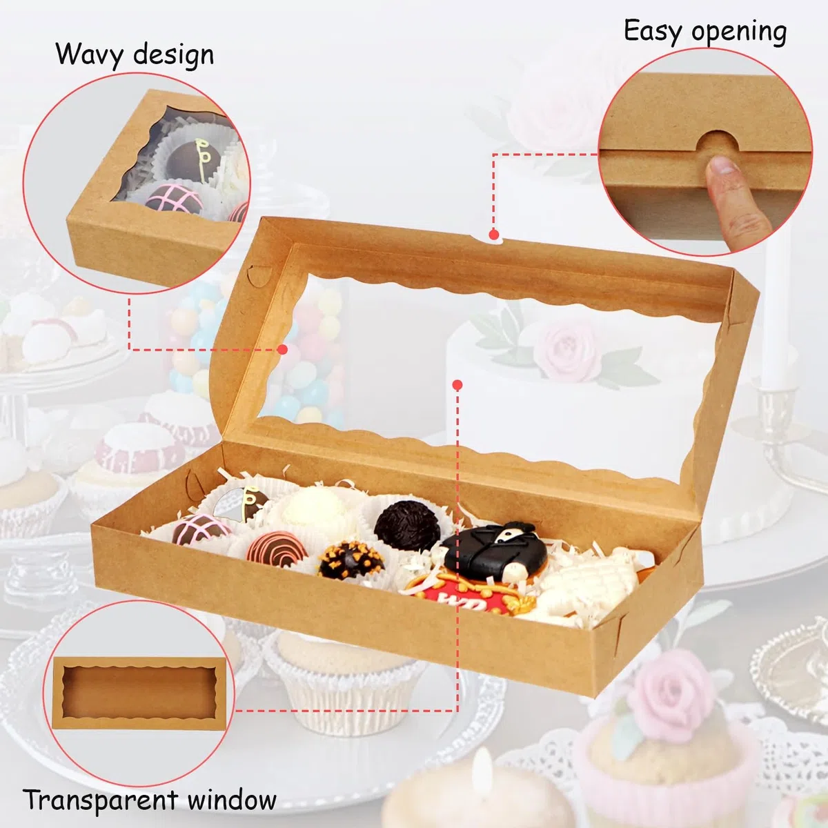 15 scatole bianche da forno con finestra per biscotti, cioccolato, tartufo, macaron, tortine, browines e dolcetti, per Natale, San Valentino, Pasqua, festa della mamma, 30,5 x 12,8 cm