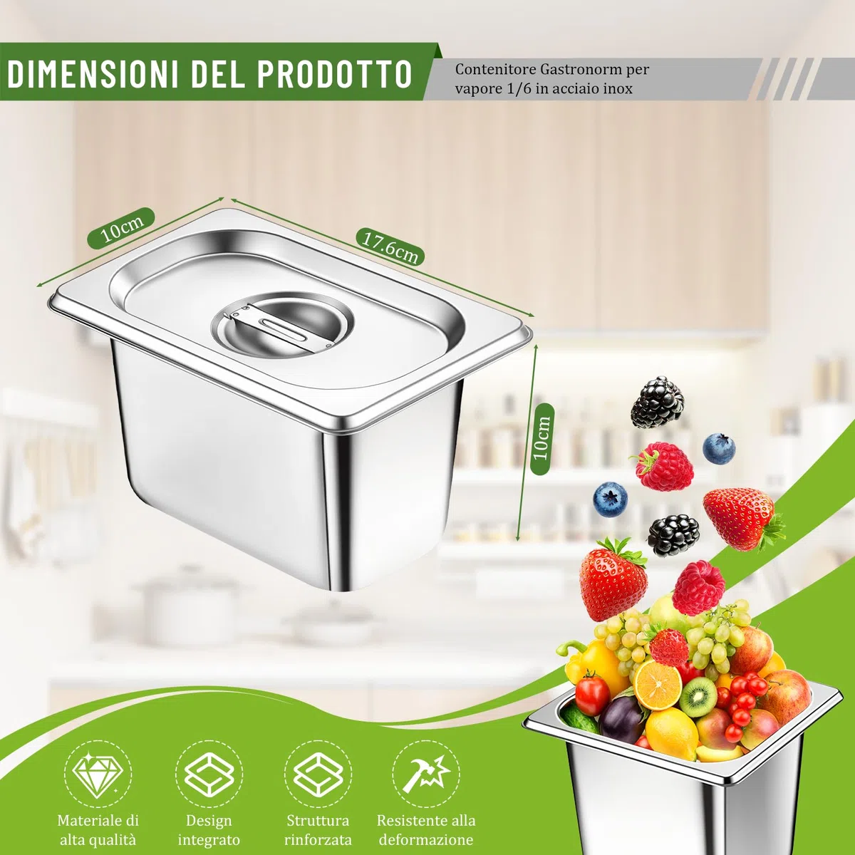 Set di 4 contenitori acciaio inox per alimenti GN 1/9, 17,6 x 10,8 x 10 cm, Contenitore Acciaio Inox per Alimenti con Coperchio, Impilabili, Adatti per Cotolette Carne Pesce Frutta Gelato Salsa