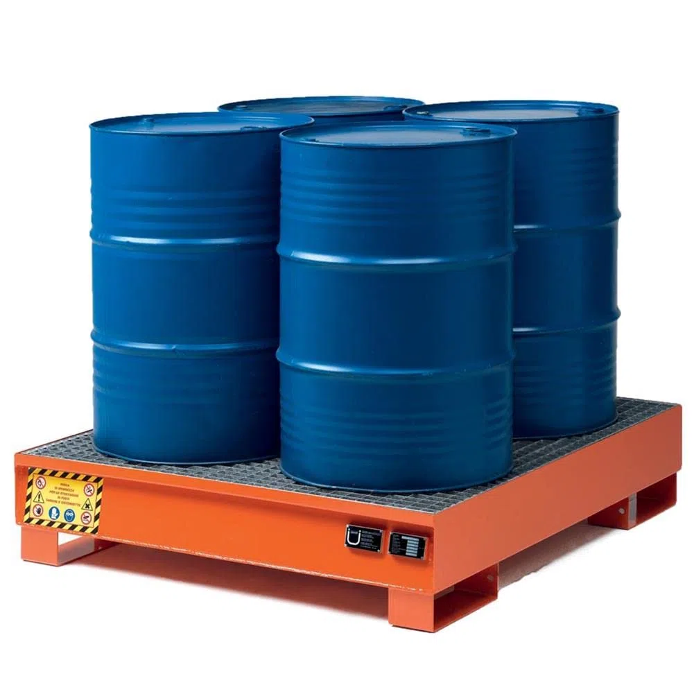 Vasca di contenimento liquidi in acciaio, per 4 fusti, Mis. 1340 L x 1250 P x 300 H mm, arancio RAL 2004