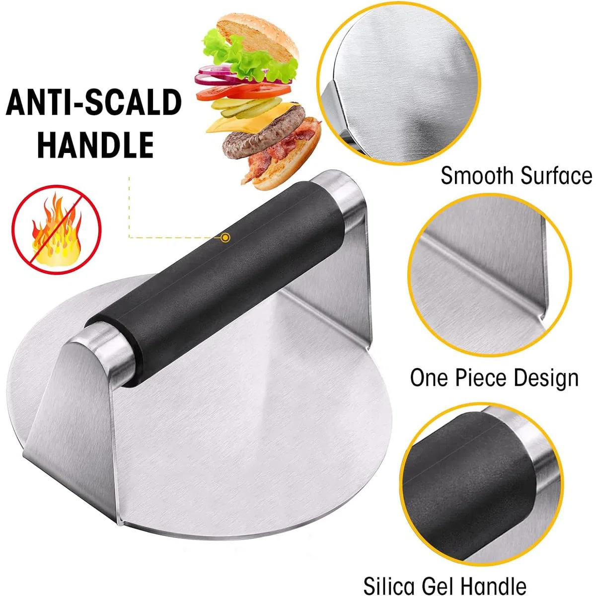 Smash Burger Press, 5,5 Pollici Pressa per Hamburger, Professionale Pressa per Hamburger in Acciaio Inox,Pressa per Biscotti Hamburger per Piastra Piatta Griglia, Bistecche, Panini, Barbecue