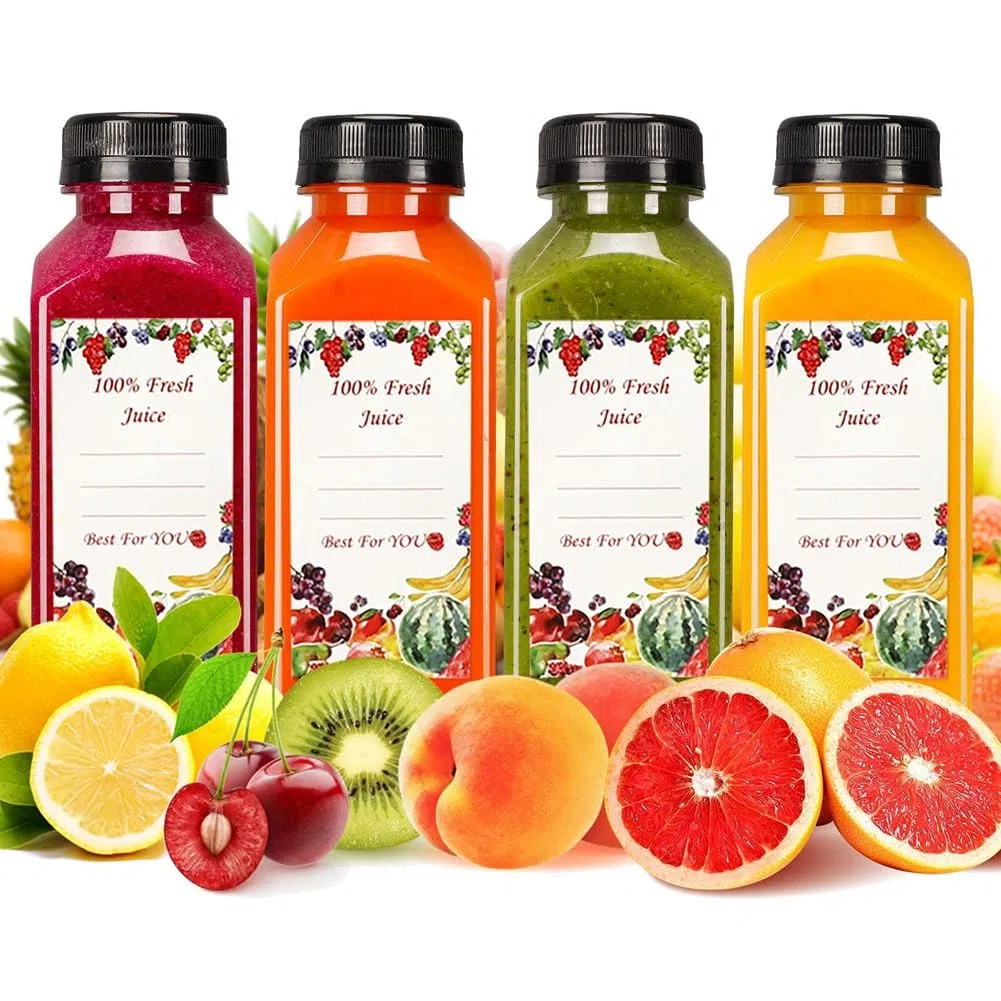 20 bottiglie di succo di plastica vuote da 12 oz con chiusure, bottiglie d'acqua riutilizzabili, contenitori trasparenti con coperchi neri a prova di manomissione