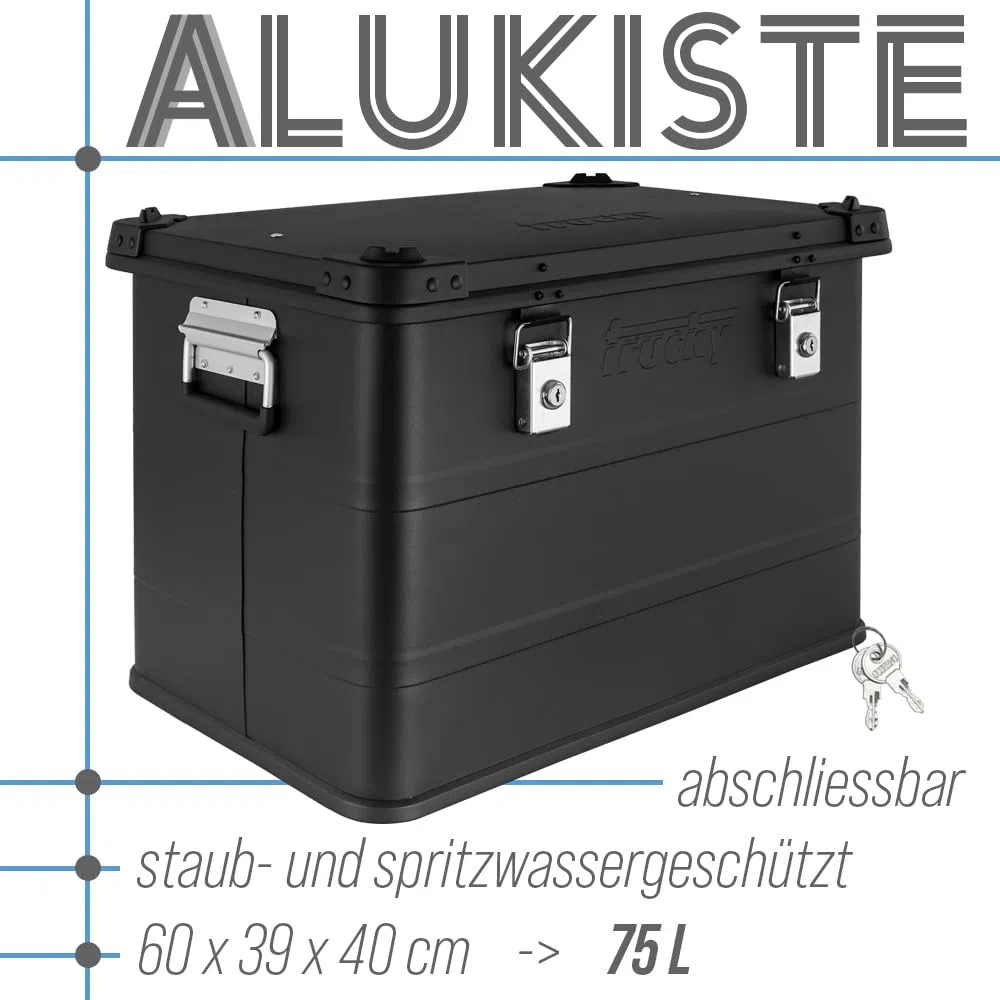 Trucky Scatola in alluminio con coperchio, colore nero, in alluminio, per il trasporto, in metallo, richiudibile, dimensioni: 75 l