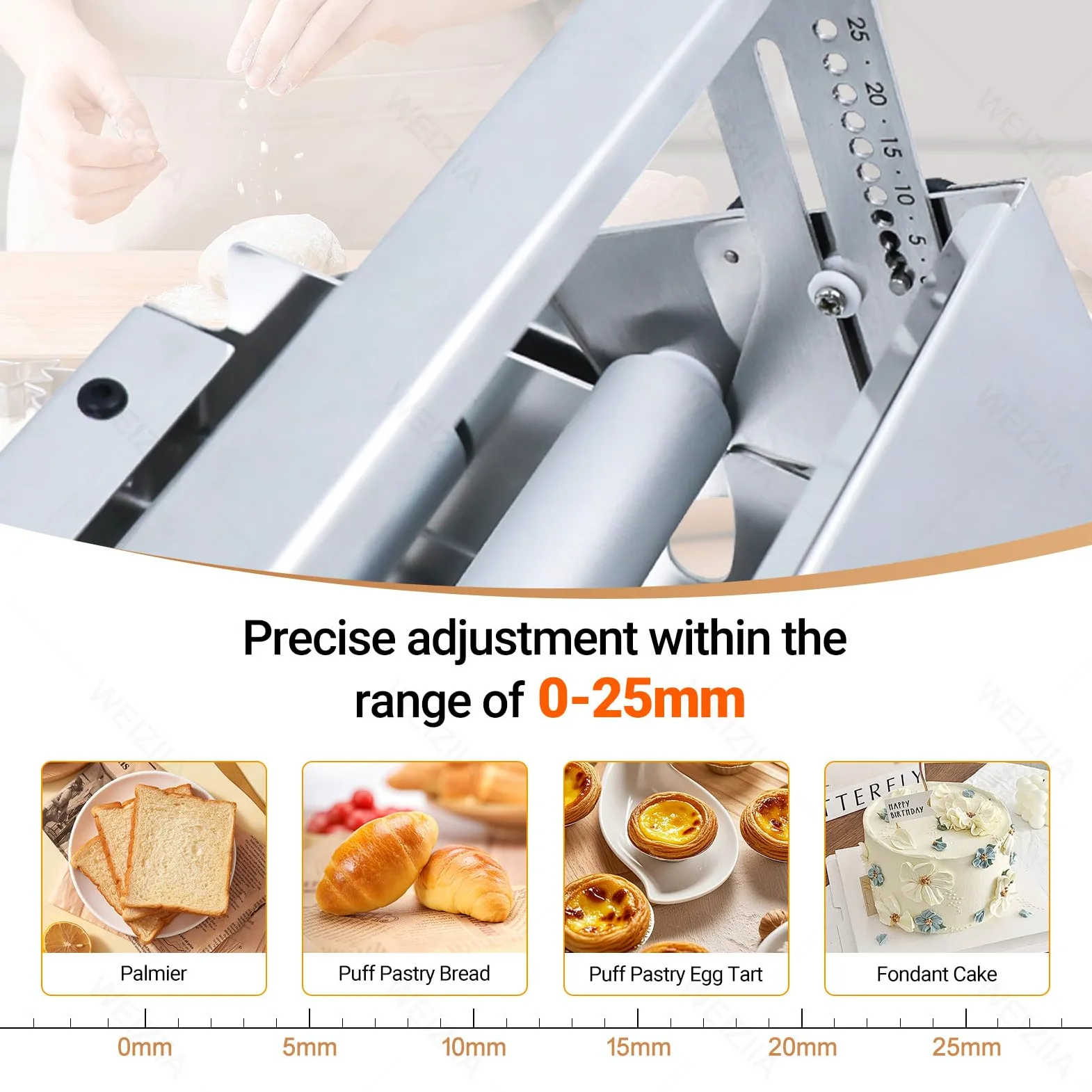 Laminatore per pasta per croissant, sfogliatrice commerciale per pasta, spessore della macchina per pasta regolabile da 0 a 25 mm, acciaio inossidabile, macchina da tavolo per croissant, pasta Type400