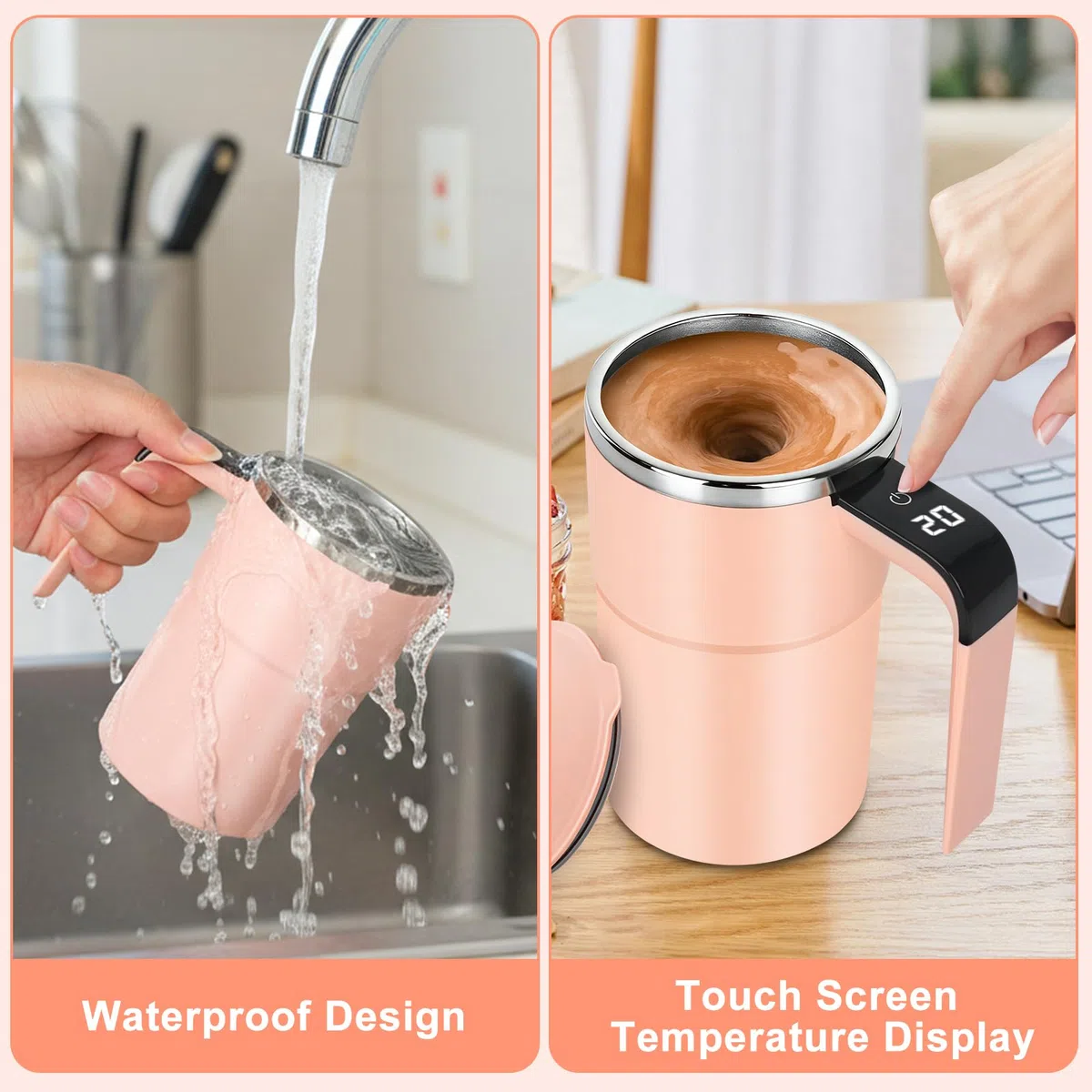 380 Ml Miscelatore Elettrico Ricaricabile, Tazza Per Miscelatore Elettrico Con Display LCD, Tazza Da Caffè Automatica, Con Coperchio, Per Latte Cacao Cioccolato Caldo E Bevande(Rosa)