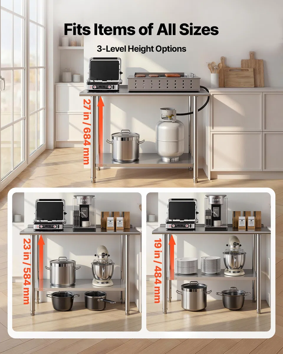 VEVOR Tavolo da Lavoro per Cucina in Acciaio Inox, Tavolo Centrale in Acciaio Inox 2 Ripiani con Alzatina 121,9 x 61 cm Preparazione Catering da Hotel, Ristorante, Supermercato, Panetterie, Bar