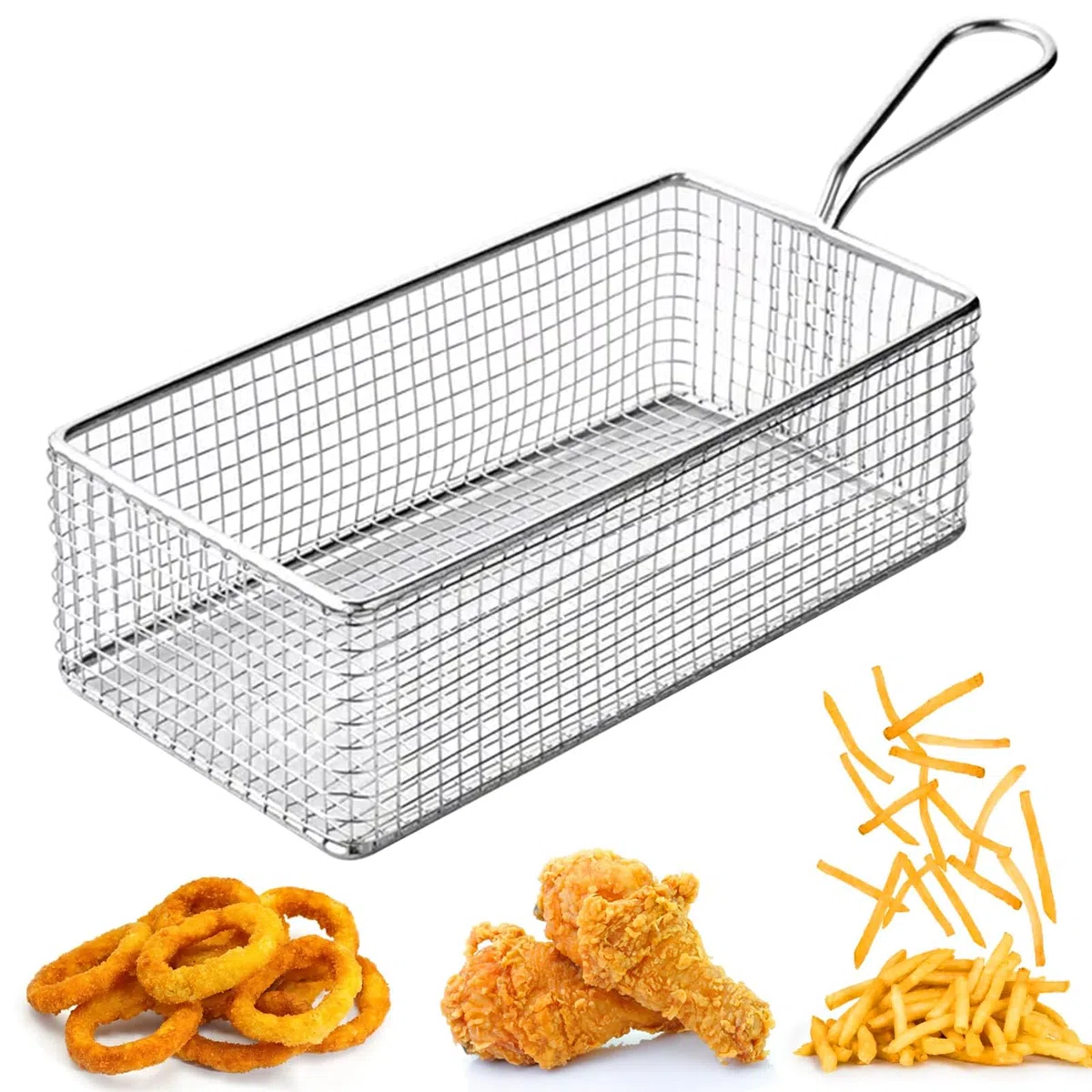 HERCHR Cestello per Alimenti Fritti, Rettangolo in acciaio inossidabile Patatine fritte Cesto per alimenti, Cestello Profondo per Frittura, Cesti per Servire con Manico per Ristorante di Famiglia