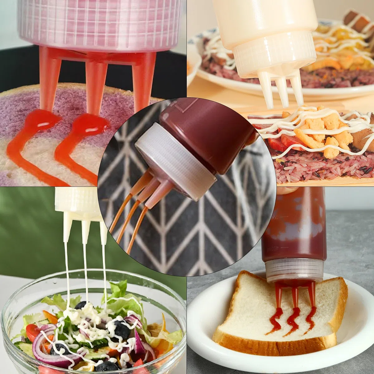 4 bottiglie da spremere con 3 beccucci, dispenser per salse da 24 oz con torsione sul coperchio, in plastica, per ketchup, maionese, senape, sciroppo di olio d'oliva