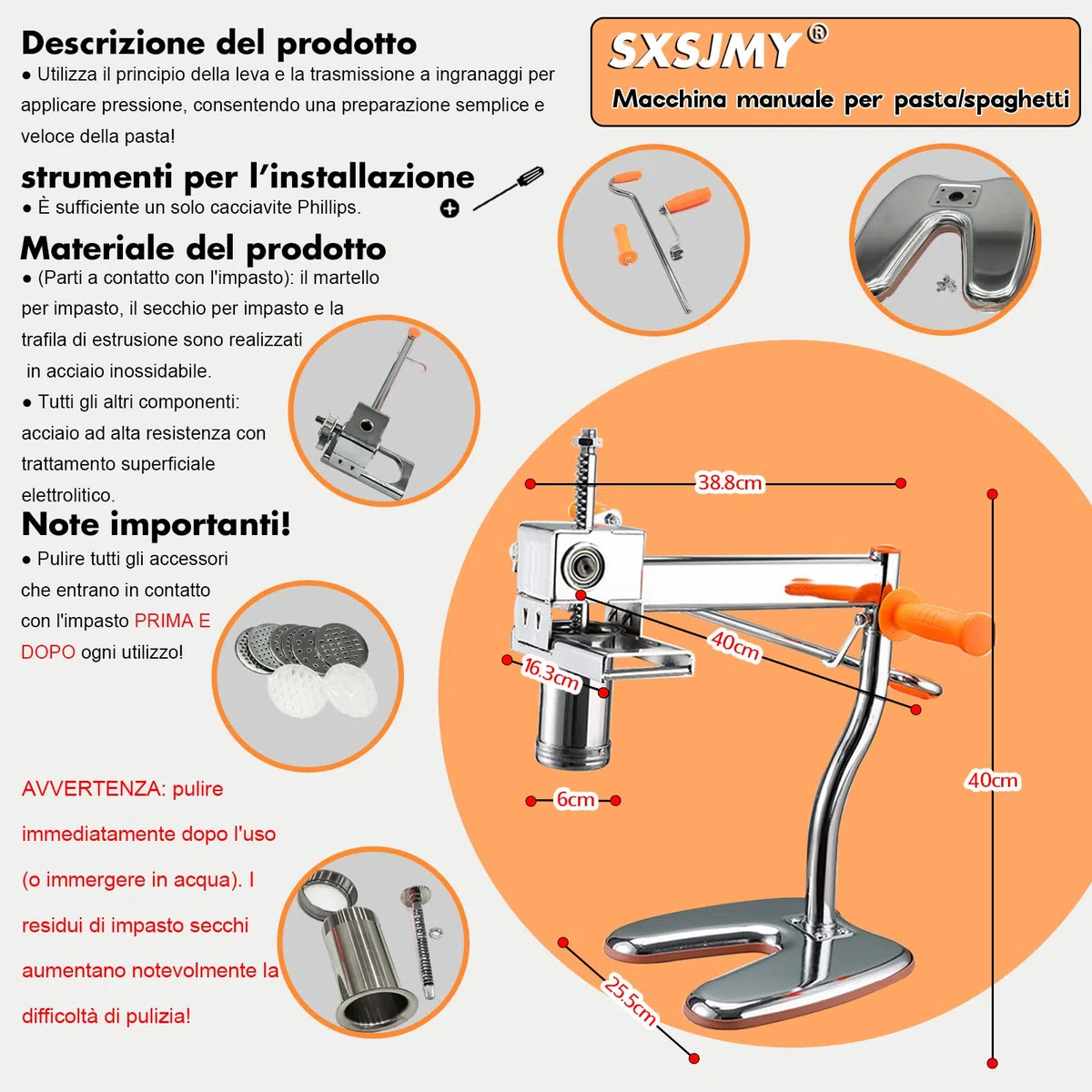 Macchina per Pasta SXSJMY con 8 Stampi | Produce Maccheroni, Fettuccine e Tagliolini in 30 Secondi | Estrusore in Acciaio con Spazzola di Pulizia