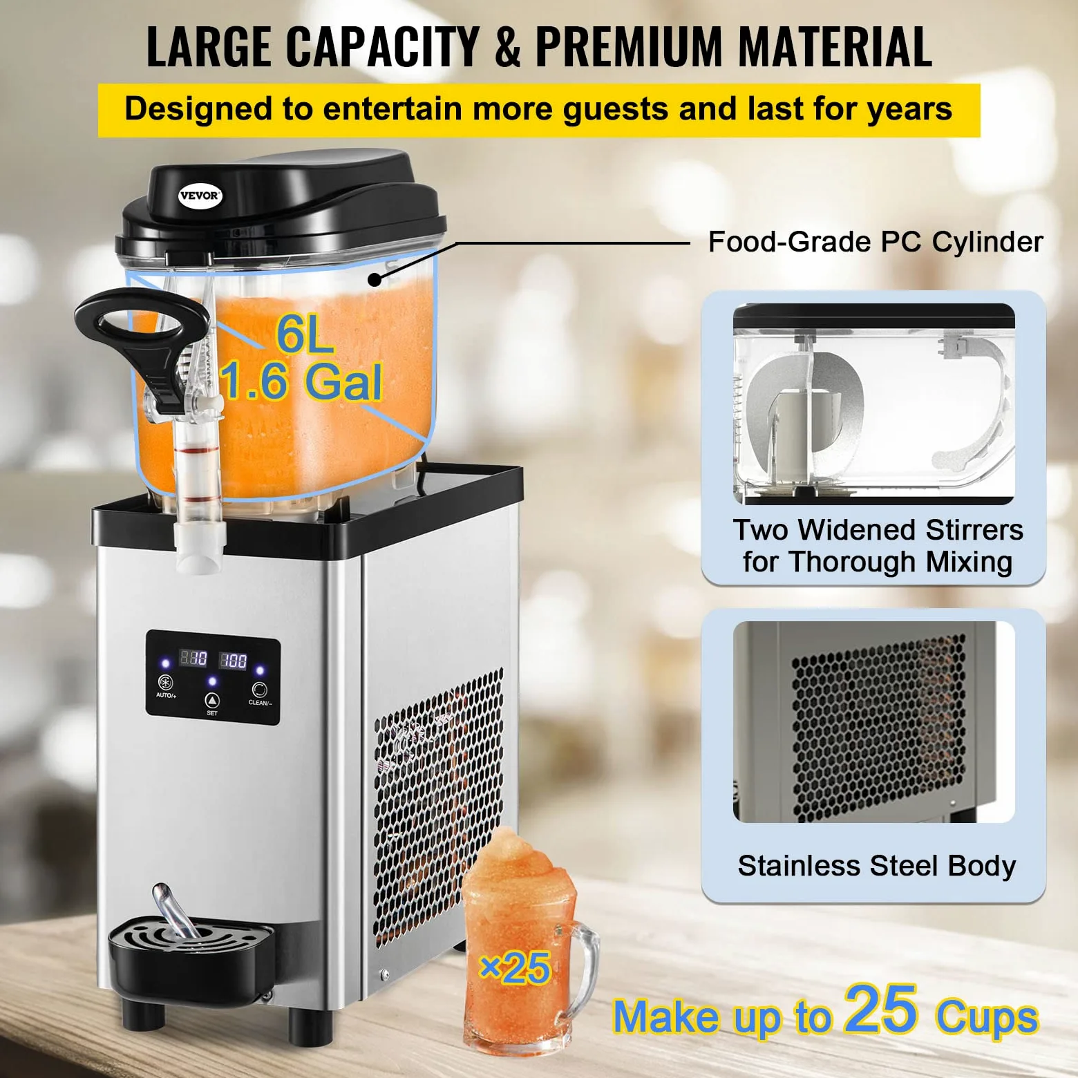 VEVOR Macchina in granito da 6 l, macchina in granito in acciaio inox per bevande congelate, potenza di 300 W in nero, uso per bevande congelate in ristorante, hotel o bar