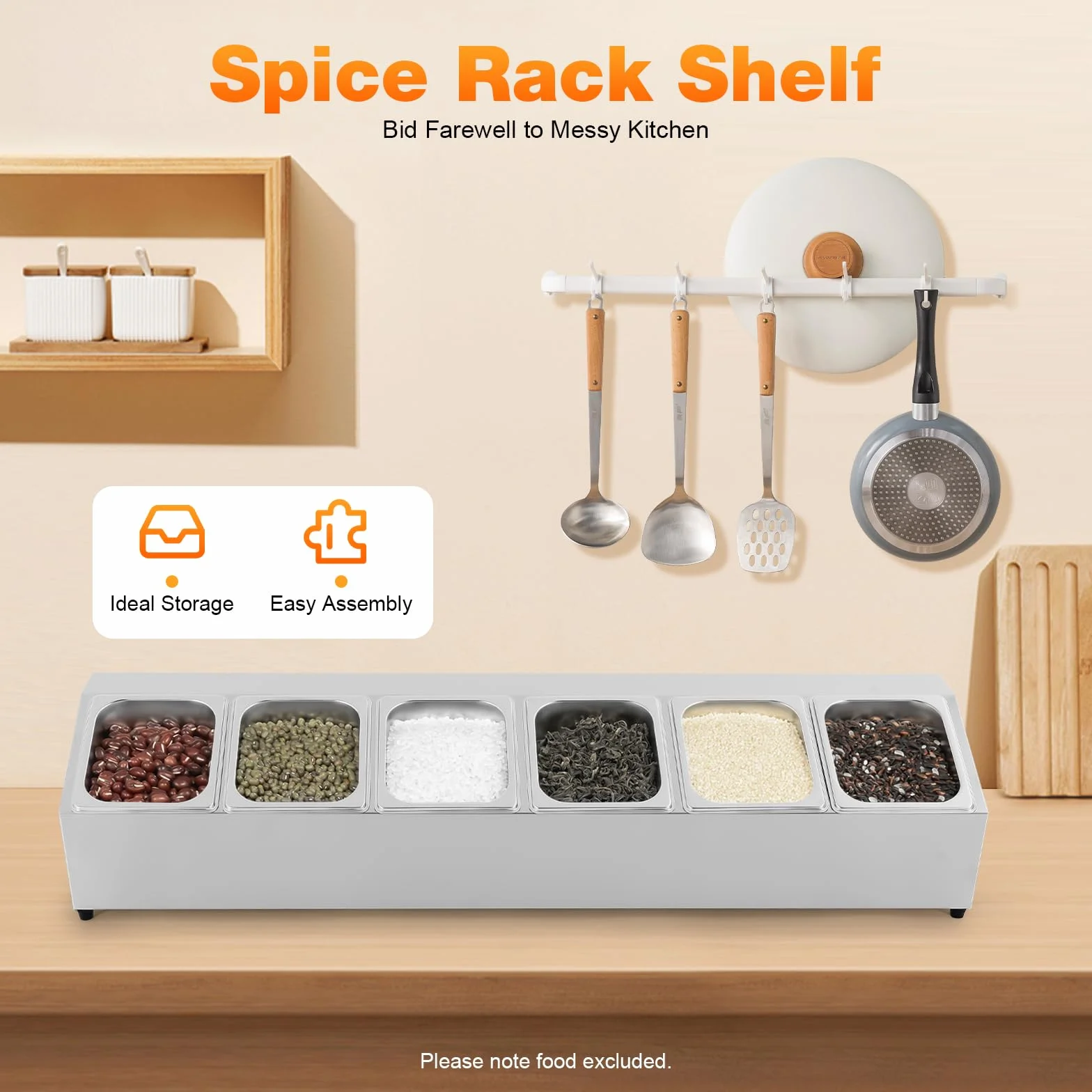 Contenitore GN per ingredienti in acciaio inox (6 contenitori GN con 6 coperchi abbinati), 104 x 22,5 x 22 cm, per ristoranti, negozi caldi, negozi di tè al latte, negozi di frutta