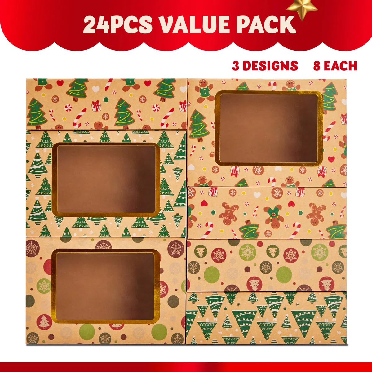 JOYIN 24 pezzi sventati cassette di biscotti natalizi con finestra 8.75 "x 5,6" x 2,75 ", tratta scatole per ciambella e biscotti, scatole da forno a kraft marrone, scatola da forno regalo