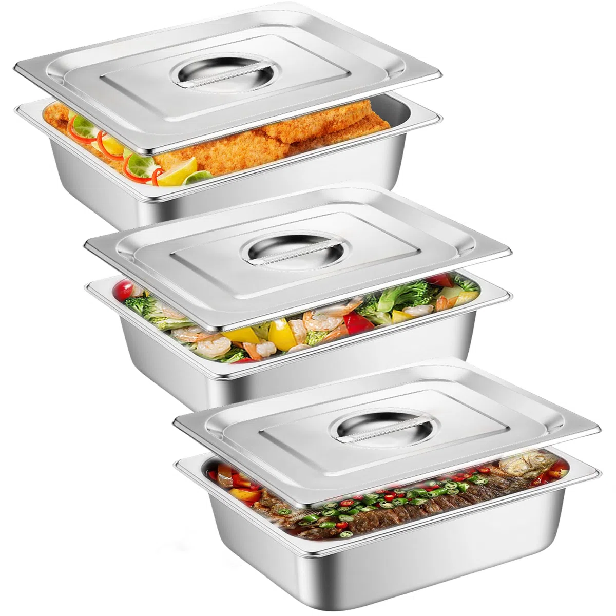 GOMETY Set di 3 ciotole per impanatura, contenitori GN 1/3, in acciaio inox, con coperchio, set di 3 ciotole per impanare, ideali per piatti e piatti da friggere, 32,5 x 17,6 x 6,5 cm