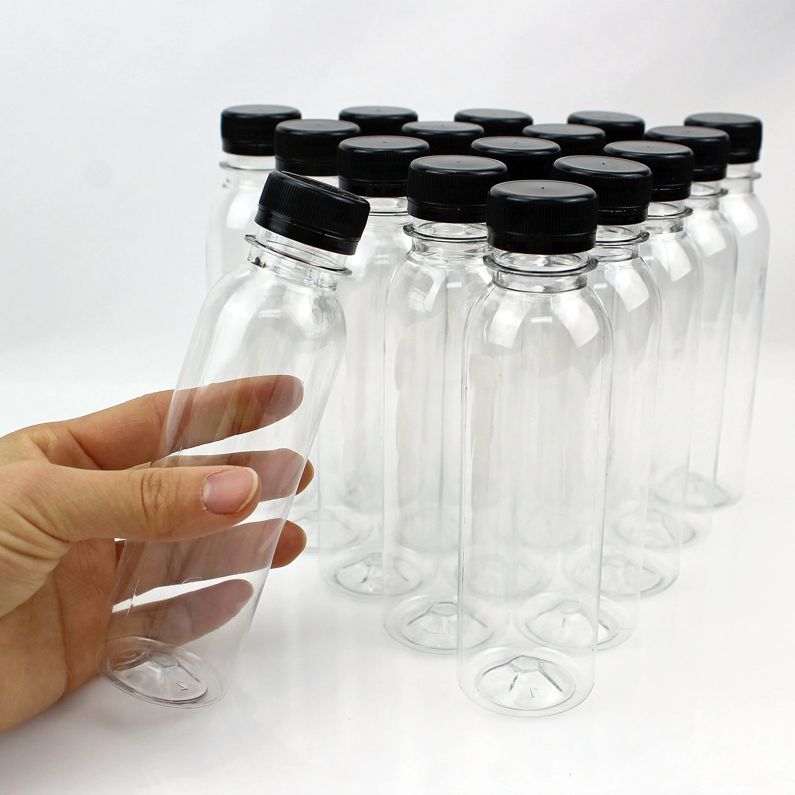 Confezione da 16 bottiglie trasparenti di succo, 150 ml, riutilizzabili, vuote, con coperchio, per succhi di latte, acqua e altre bevande, colore: nero