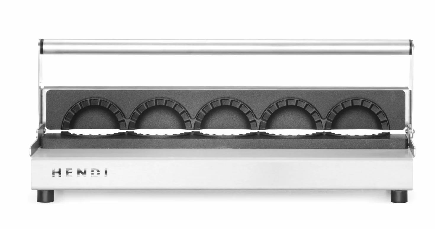 HENDI Macchina per gnocchi, manuale, stampo per la preparazione di 5 dumplings volta, produttore di ravioli, rivestimento antiaderente, pressione uniforme, pressa per ravioli, 470x140x(H)95mm, inox