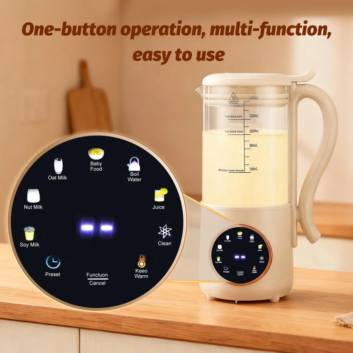 Macchina per latte di soia, 1400 ml, con 16 lame, indicatore LED, prenotazione 12 ore, autopulente, 6 funzioni, per latte vegetale fatto in casa, avena, latte di mandorle