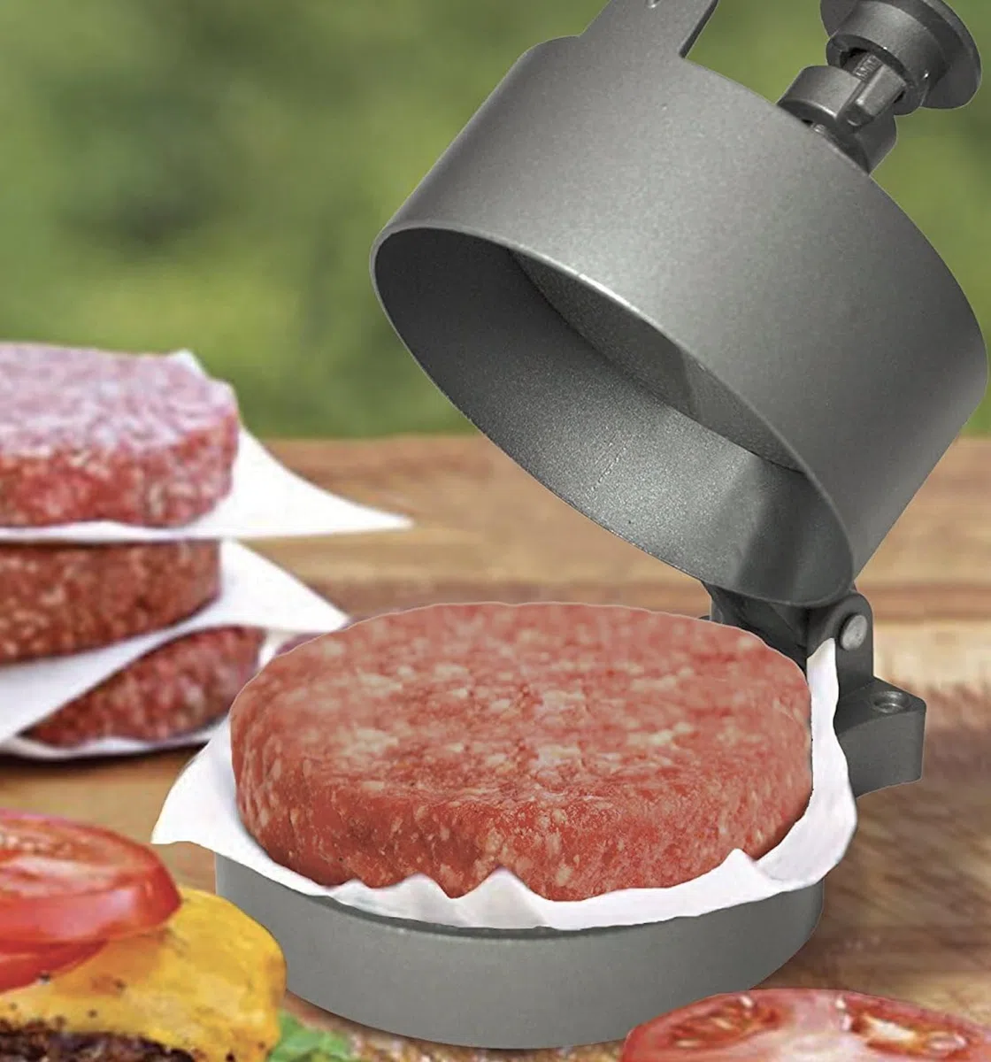 CKB LTD Pressa per hamburger, grande, manuale, regolabile, antiaderente, liscia, per hamburger fatti in casa, include 100 fogli di carta cerata 13 x 13 x 21 cm, alluminio (argento)