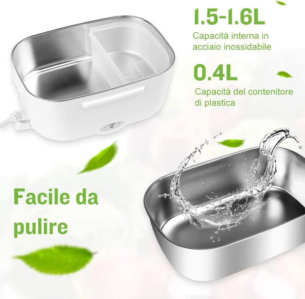 YISSVIC Scaldavivande Elettrico Portatile in Acciaio Inox (220V & 12V) Portatile 1,5L con Forchetta e Cucchiaio per Auto/Ufficio/Casa