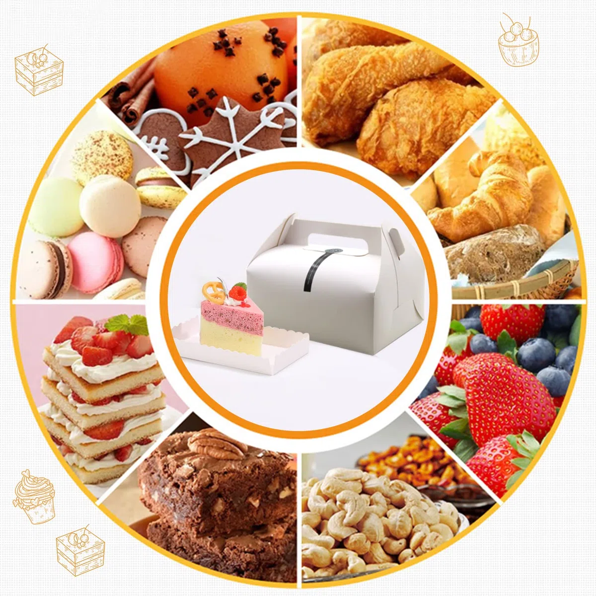 Scatole per pasticceria con vassoio di carta e maniglia per il trasporto, 20 pezzi scatola per il trasporto con adesivi, scatole regalo di carta per biscotti, pizza (20 x 15 x 8 cm, bianco)