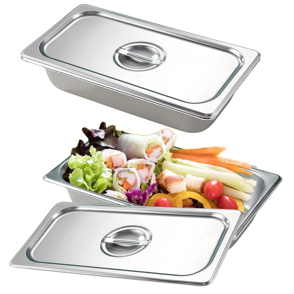 2 contenitori in acciaio inox con coperchio: contenitore per alimenti, 32,5 x 17,5 x 6,5 cm, set di vassoi per buffet catering per rivestire e servire cibo