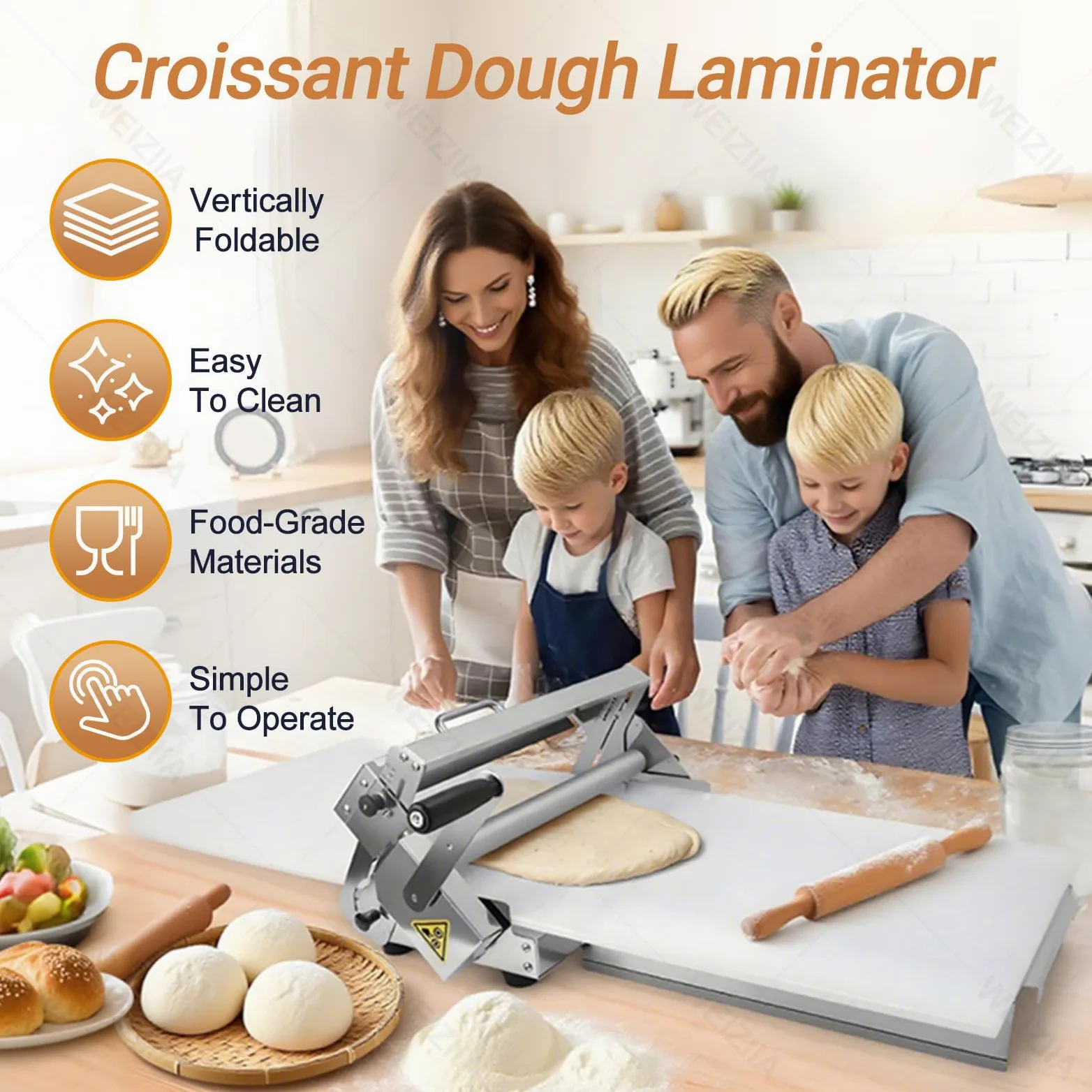 Laminatore per pasta per croissant, sfogliatrice commerciale per pasta, spessore della macchina per pasta regolabile da 0 a 25 mm, acciaio inossidabile, macchina da tavolo per croissant, pasta Type400