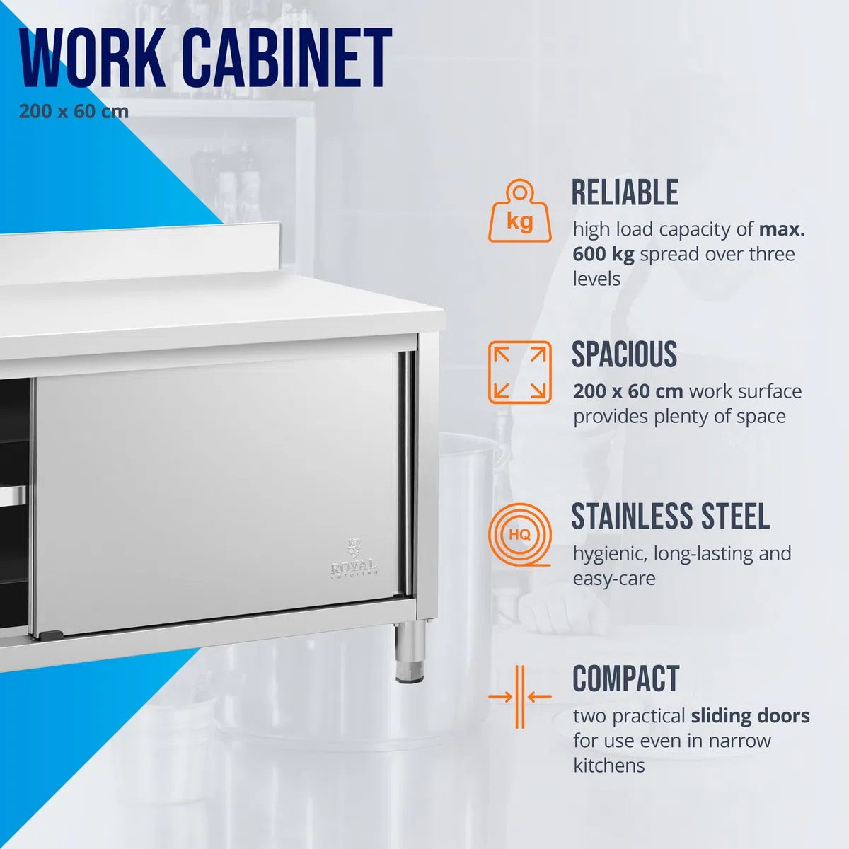 Royal Catering Tavolo Armadiato Acciaio Inox Con Alzatina Banco Da Cucina Porte Scorrevoli RCSSCB-200X60-E-B (200 x 60 cm, 600 kg)