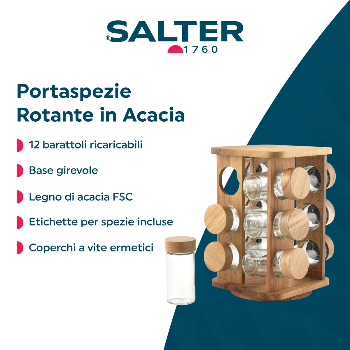 Salter Toronto Rotating Spice Rack – 12 Barattoli di Vetro Compatti Ricaricabili Inc. Etichette per Spezie, Coperchio a Vite, Legno di Acacia FSC e Coperchi a Vite, Freschezza Duratura, Base Girevole