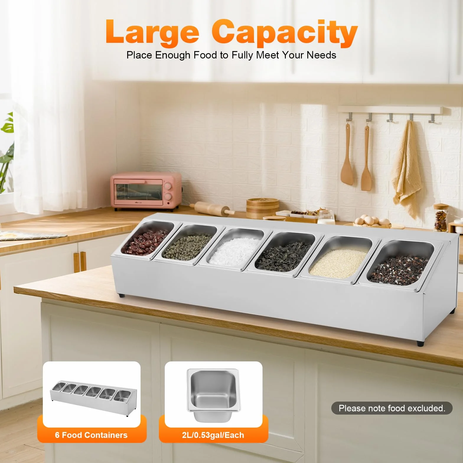 Contenitore GN per ingredienti in acciaio inox (6 contenitori GN con 6 coperchi abbinati), 104 x 22,5 x 22 cm, per ristoranti, negozi caldi, negozi di tè al latte, negozi di frutta