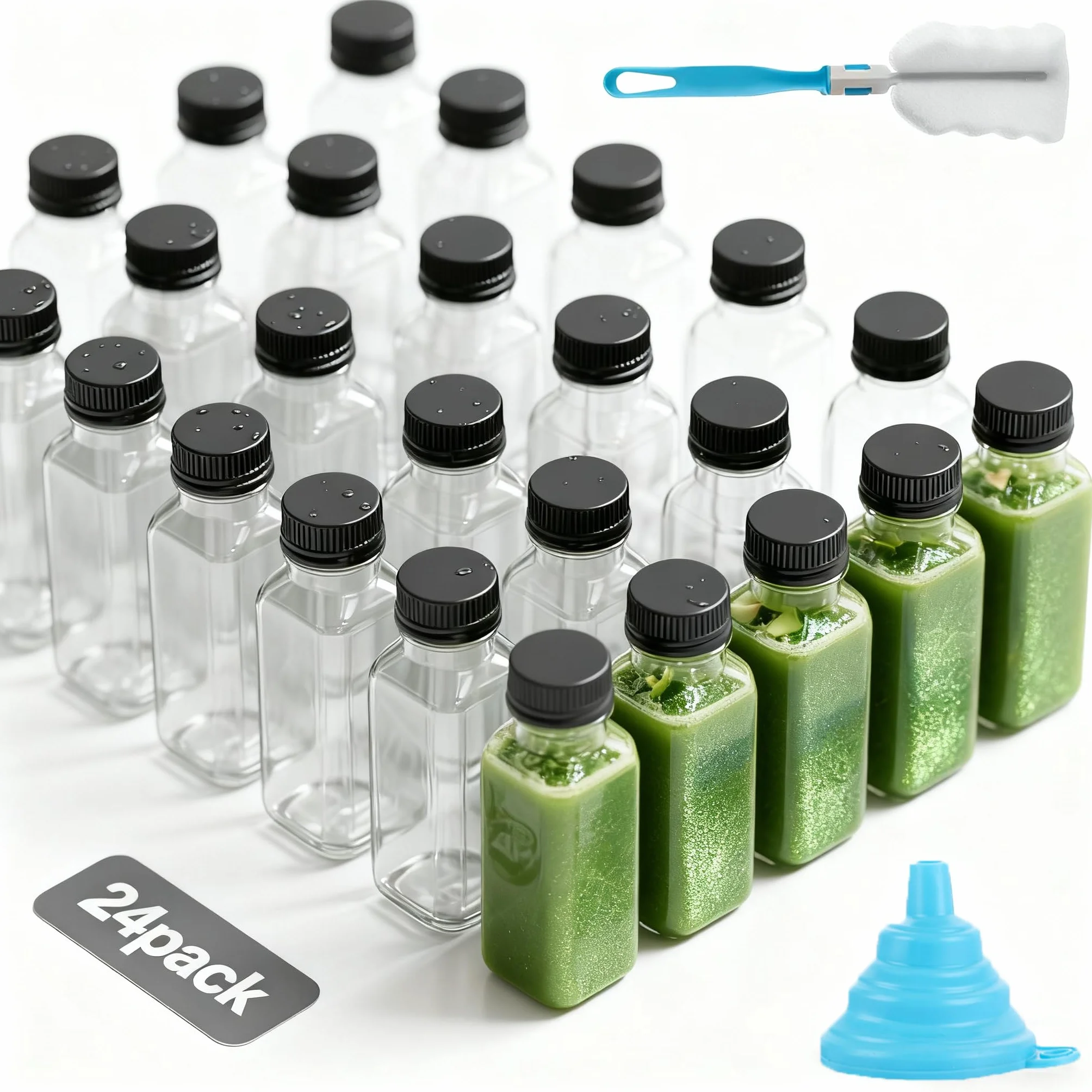 DAJAVE 24 bottiglie di plastica vuote riutilizzabili da riempire con coperchi a prova di perdite, bottiglie piccole con coperchio per succo da 120 ml