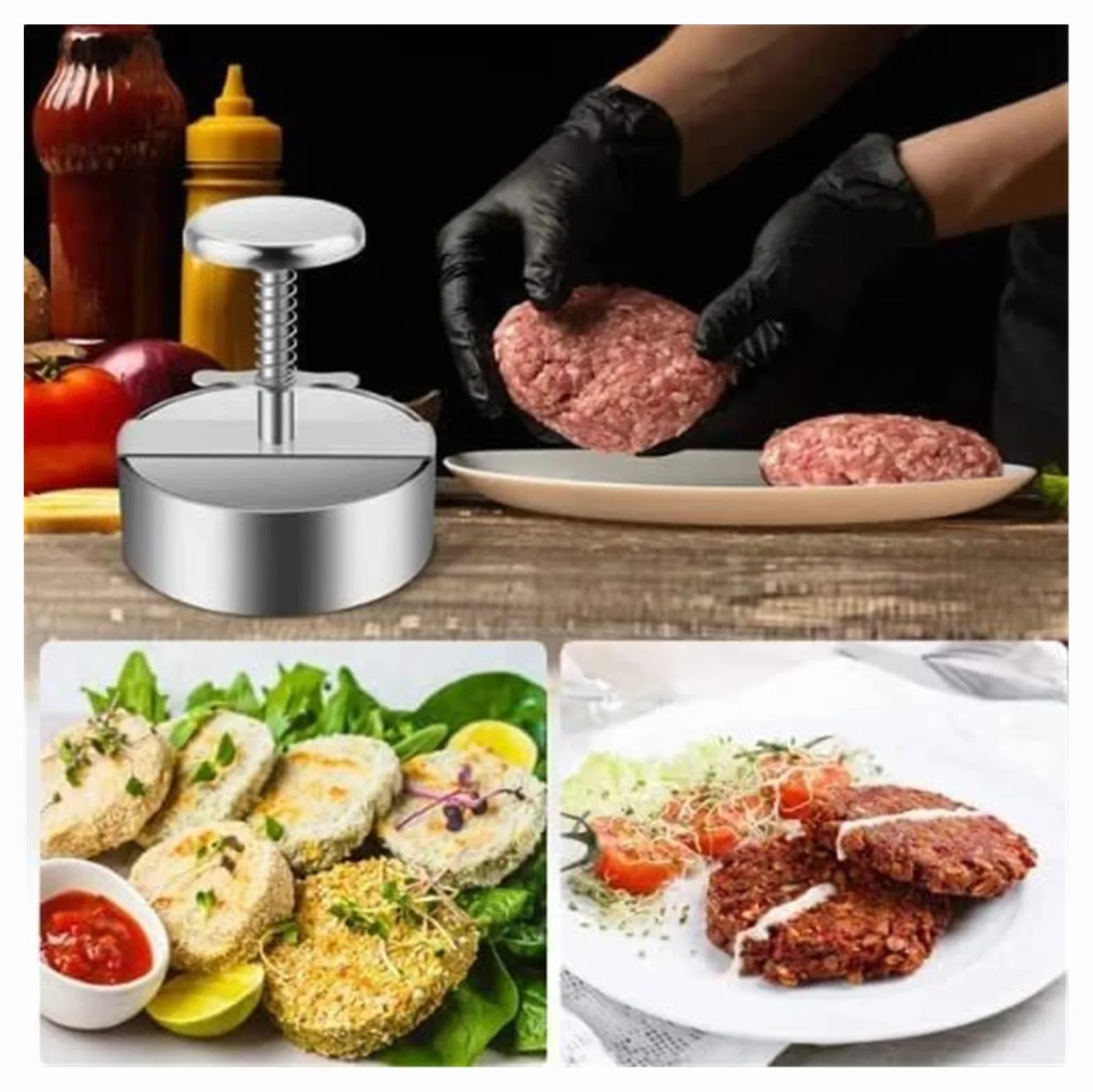 Pressa manuale per carne, pressa per slider, per tortini di hamburger con 100 pezzi di carta per tortini di hamburger - Stampi regolabili per tortini di hamburger, in acciaio inossidabile antiaderente