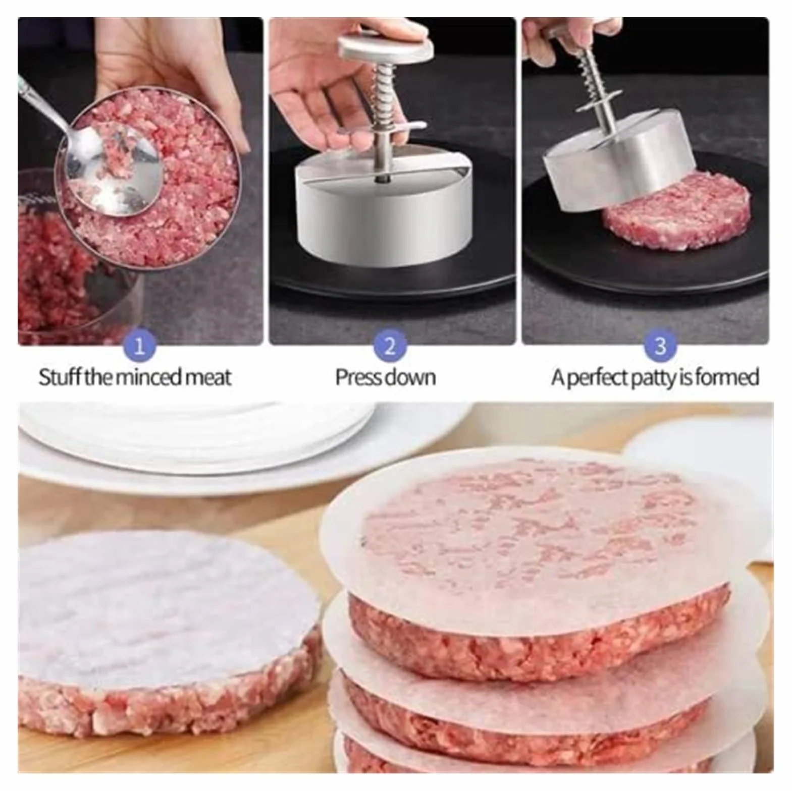 Pressa manuale per carne, pressa per slider, per tortini di hamburger con 100 pezzi di carta per tortini di hamburger - Stampi regolabili per tortini di hamburger, in acciaio inossidabile antiaderente