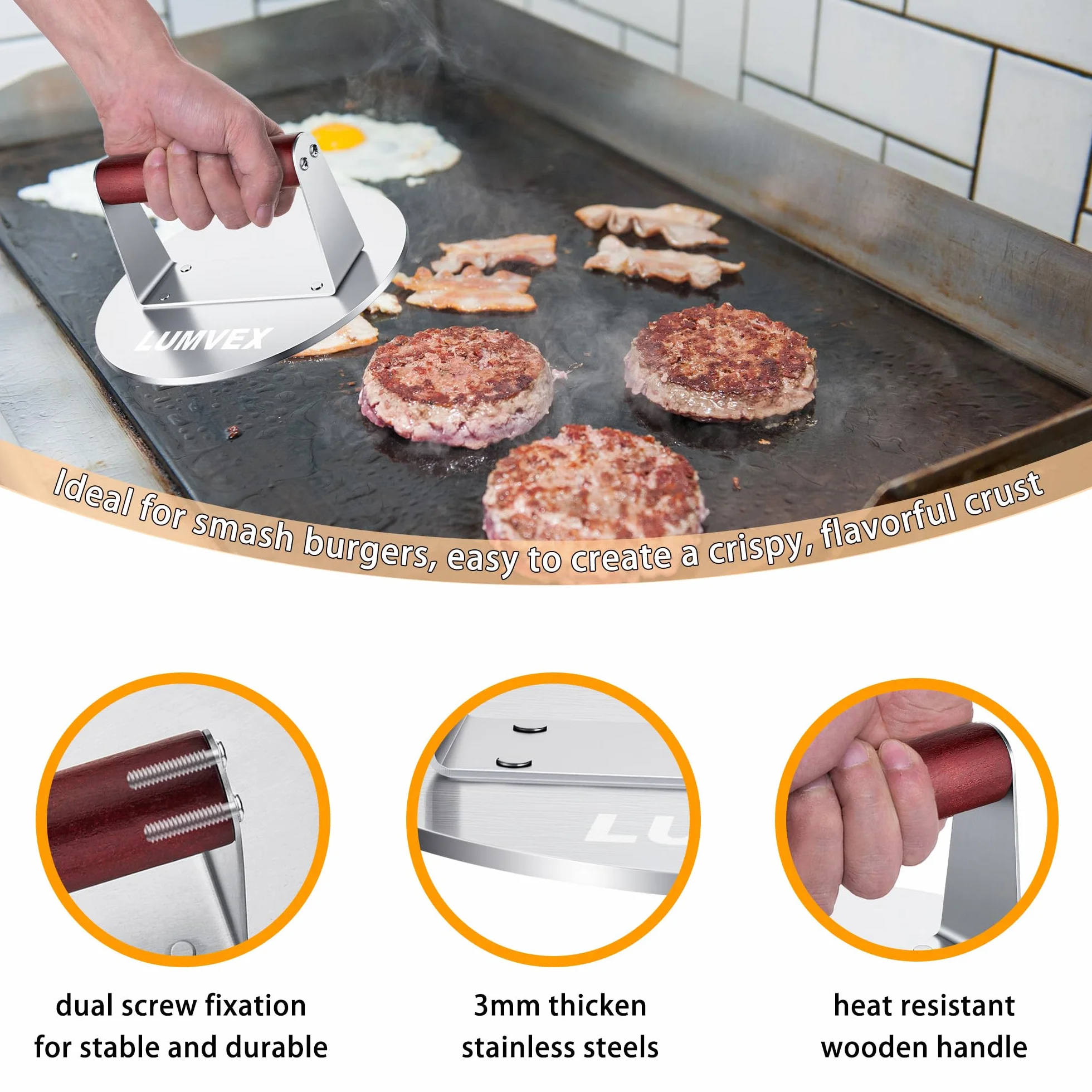 Pressa per Hamburger in Acciaio Inox 6,3 Pollici Professionale Pressa per Smash Burger Manico in Legno Resistente Pressa per Hamburger, Bistecche, Barbecue, Pancetta