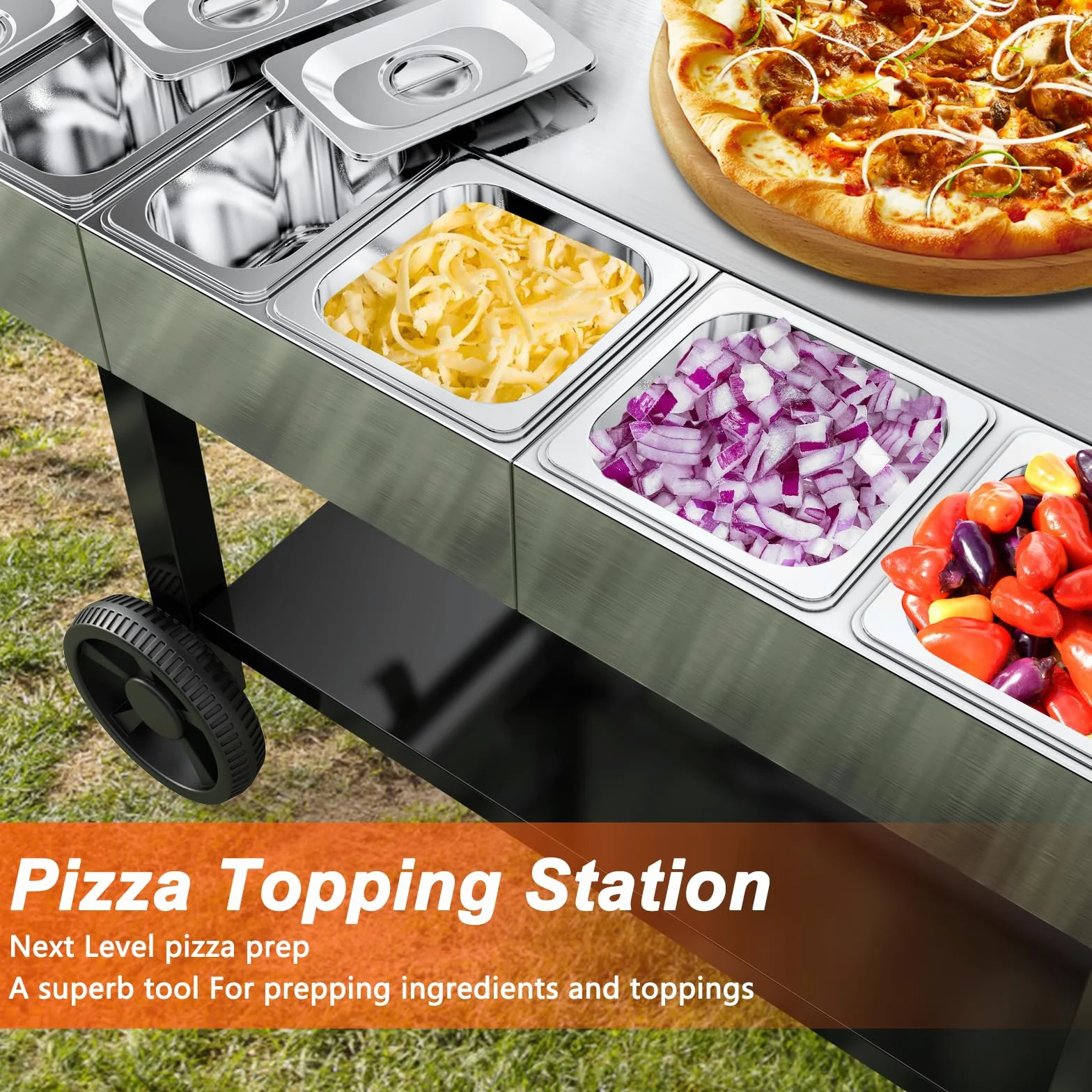 Denmay Contenitori per ingredienti di pizza, contenitori in acciaio inossidabile con coperchio, contenitori per contorni per barbecue e cucina, accessori per pizza in acciaio inossidabile, set da 6
