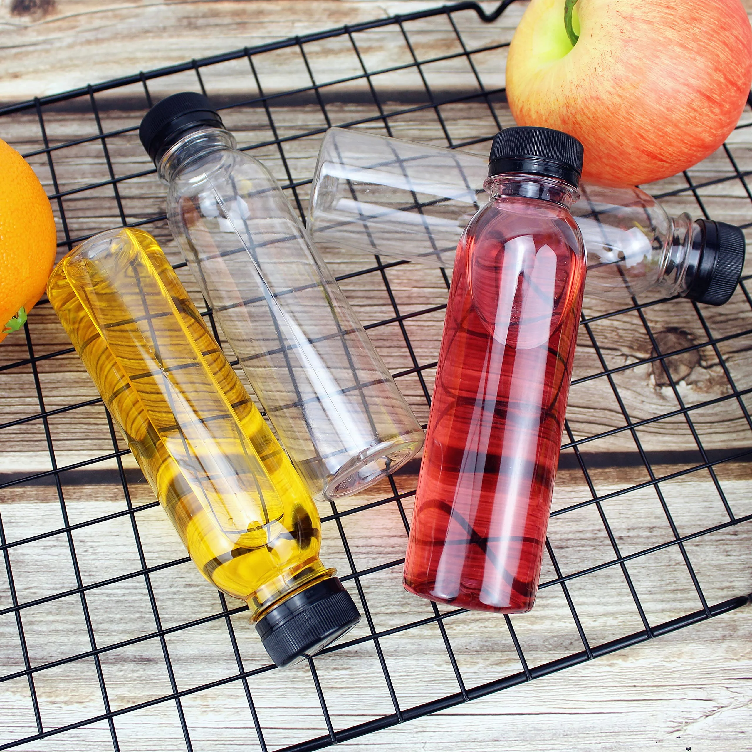 Confezione da 16 bottiglie trasparenti di succo, 150 ml, riutilizzabili, vuote, con coperchio, per succhi di latte, acqua e altre bevande, colore: nero