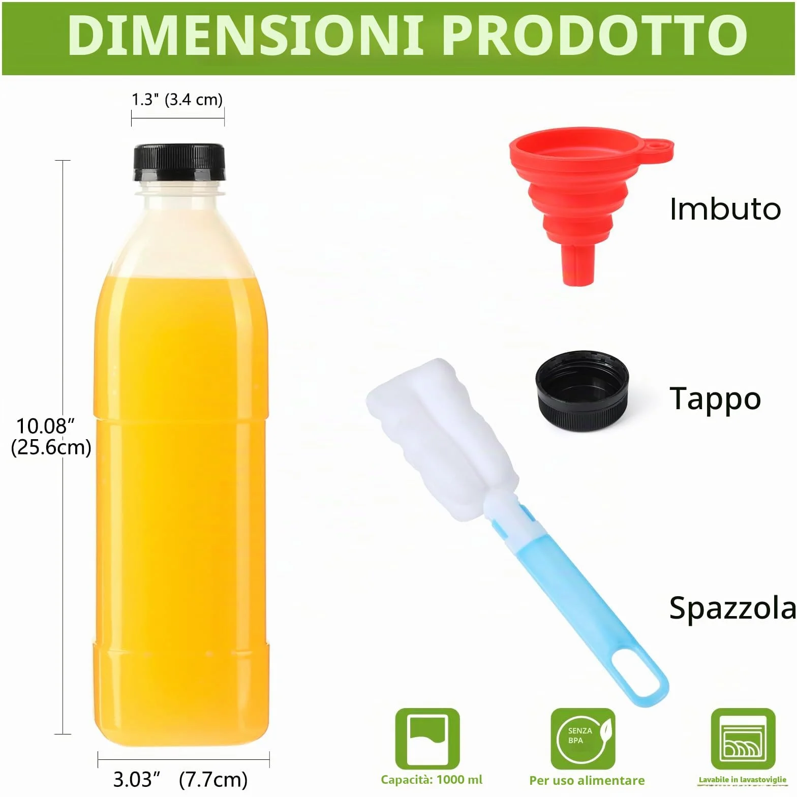 Confezione da 4 bottiglie in plastica per succhi di frutta da 1000 ml con coperchi (lavabili in lavastoviglie), bottiglia riutilizzabile in PP resistente al calore, bottiglia vuota in plastica