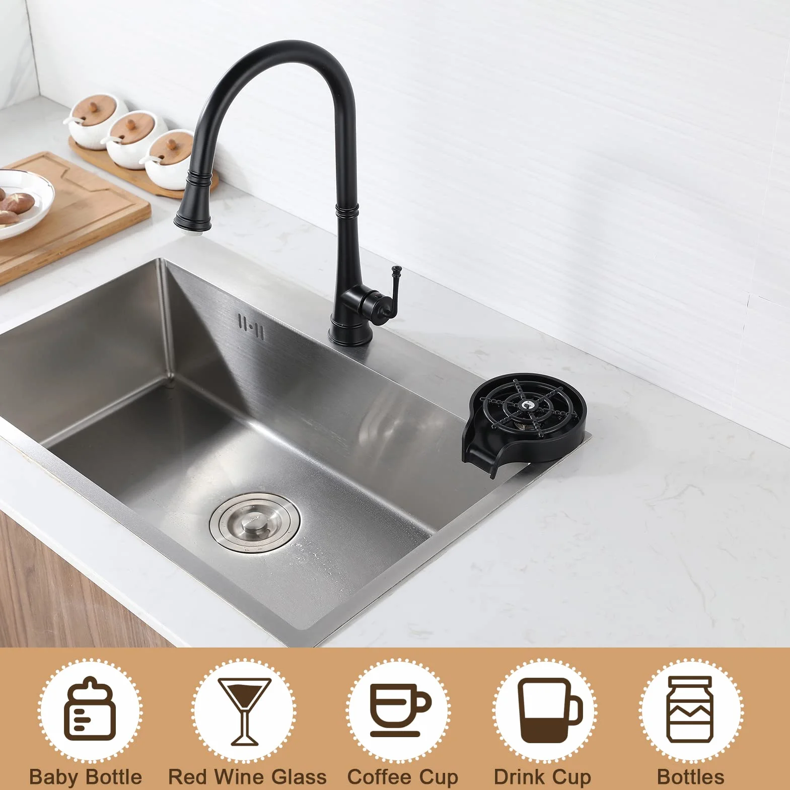 Andoer Sciacquatrice Automatica per Lavello Lavatrice in Vetro Lavello in Acciaio Inox Lavabicchieri Lavandino Cucina Sciacquatrice Rondella Lavabicchieri per Bicchiere da Vino Birraristorante caffè